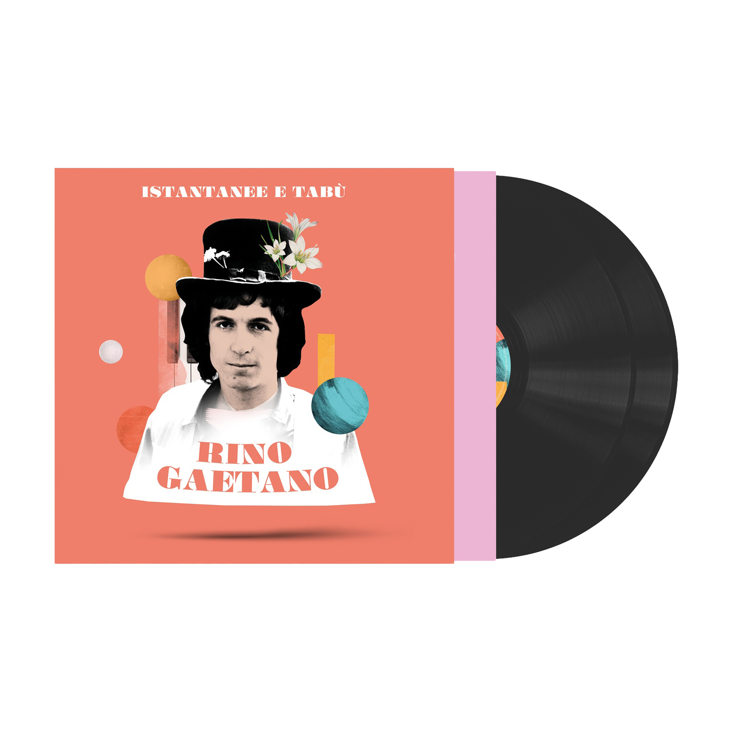 Copertina dell'album: Rino Gaetano. Sfondo arancione, cappello nero con fiori. Vinile a destra.