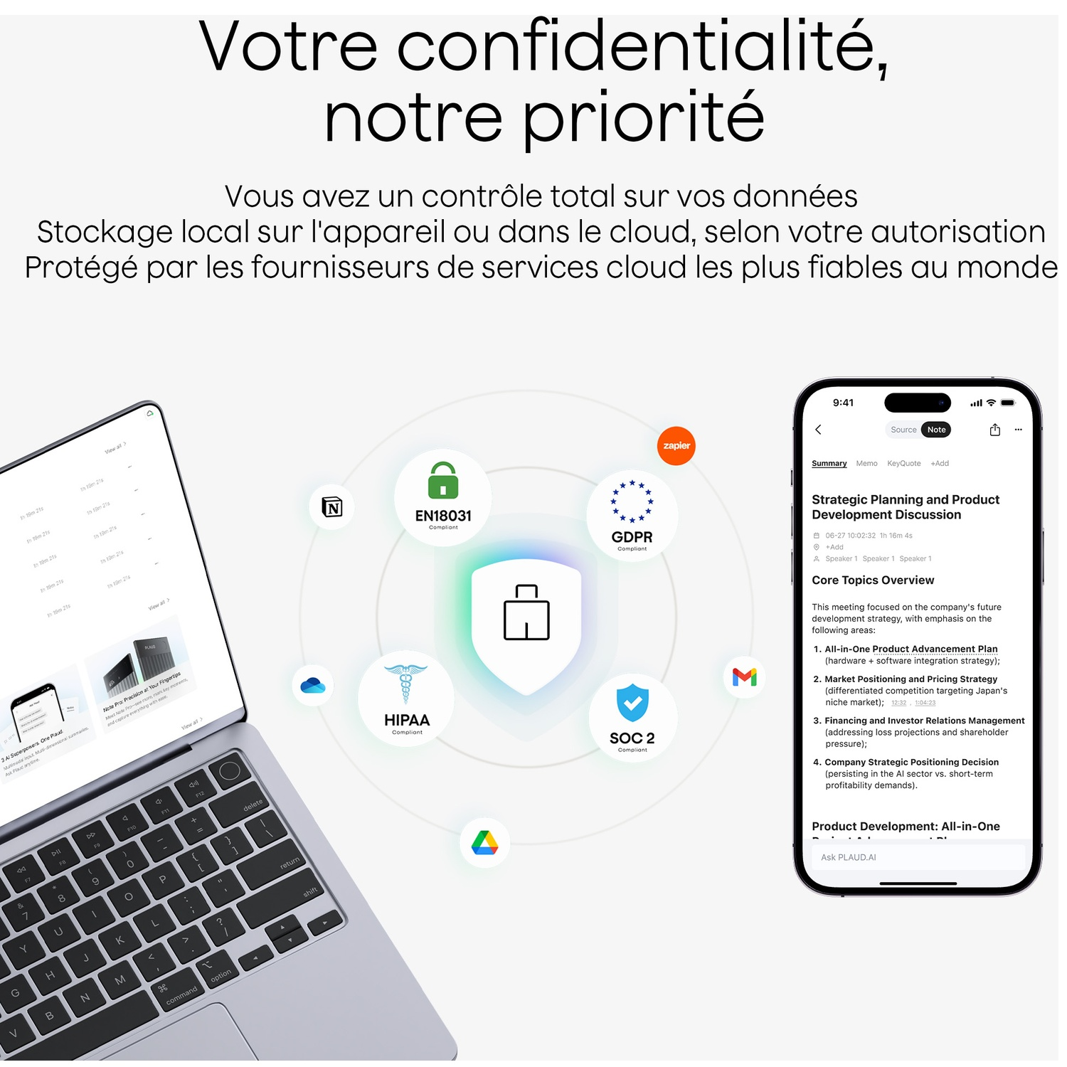 Un ordinateur portable avec un téléphone affichant un ordre du jour de réunion. Icônes et texte de sécurité en arrière-plan.