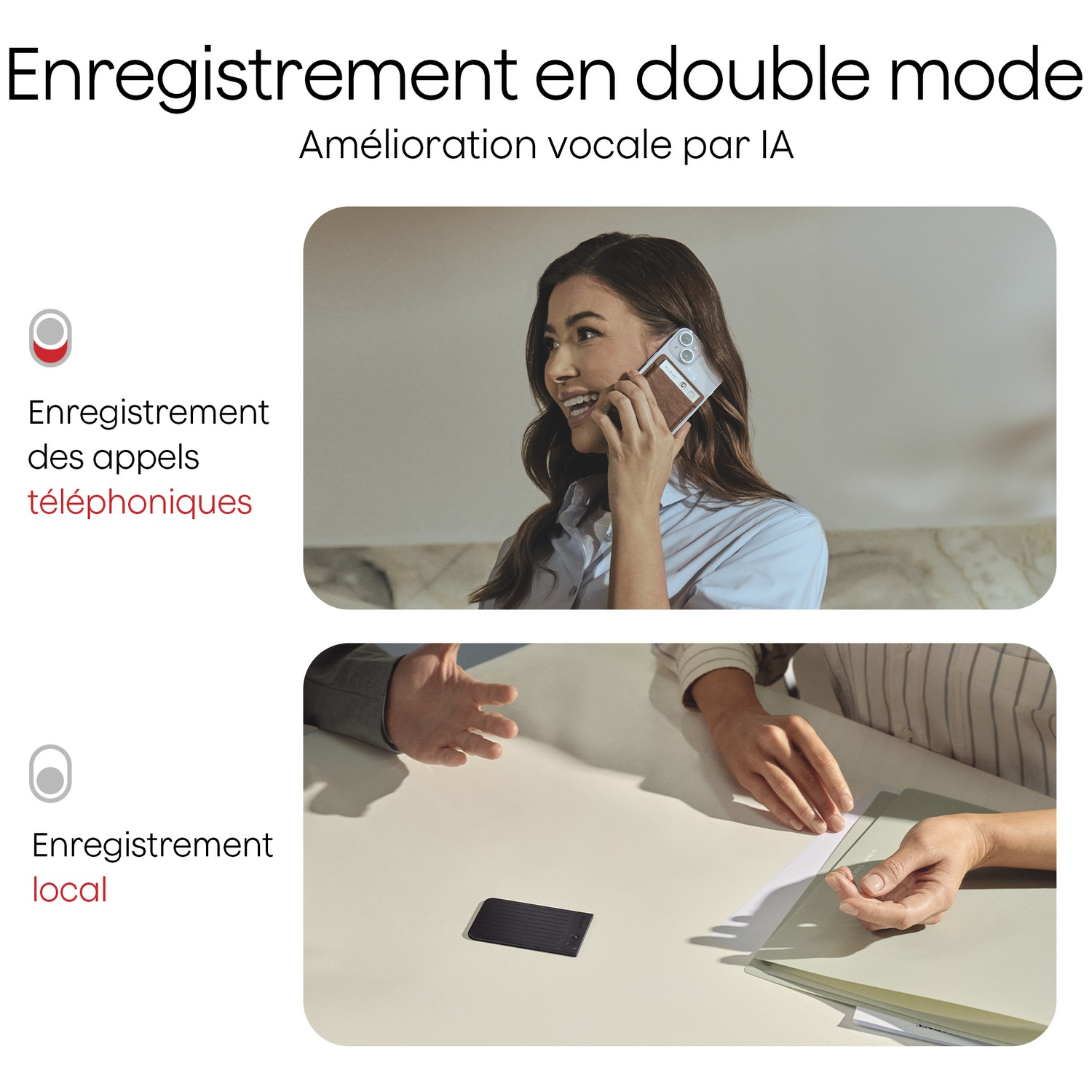 L'image montre une femme au téléphone et une scène de réunion d'affaires. Le texte met en évidence les modes d'enregistrement doubles : appel et local.