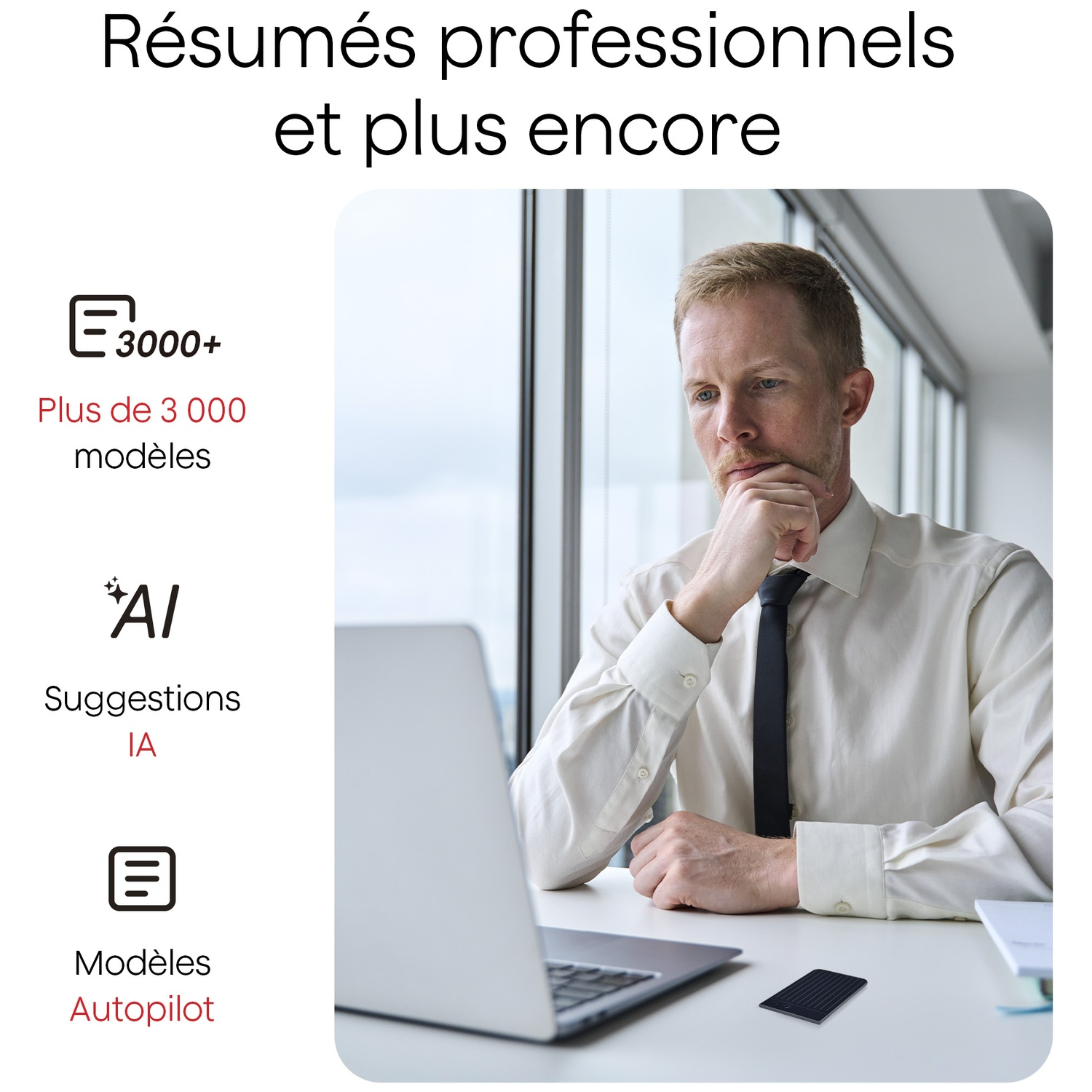 Un homme en chemise blanche et cravate noire regarde un ordinateur portable. L'image promeut les CV professionnels avec des suggestions IA.