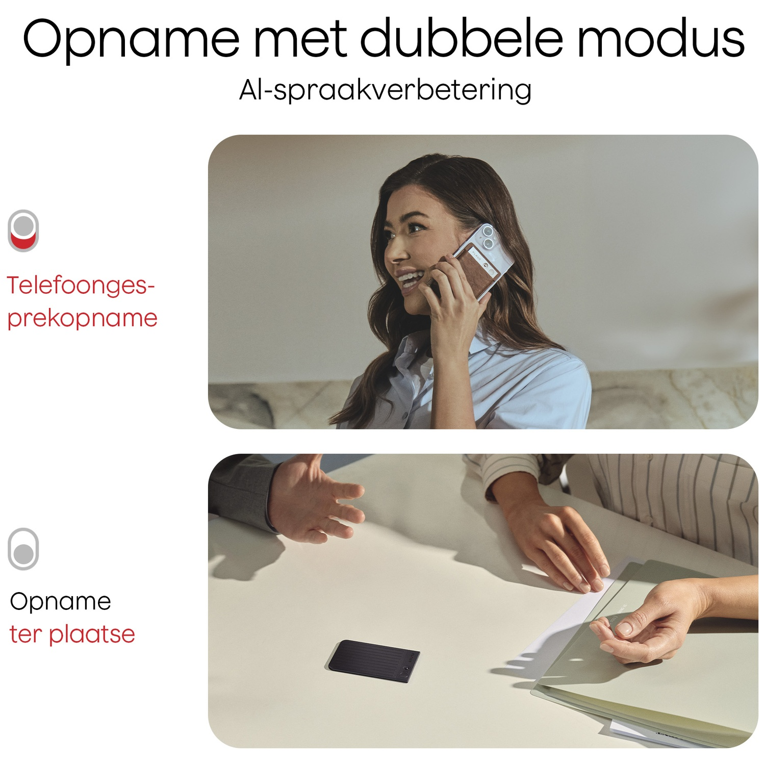 Image shows a woman on the phone and hands interacting with documents at a table. Text in Dutch. 