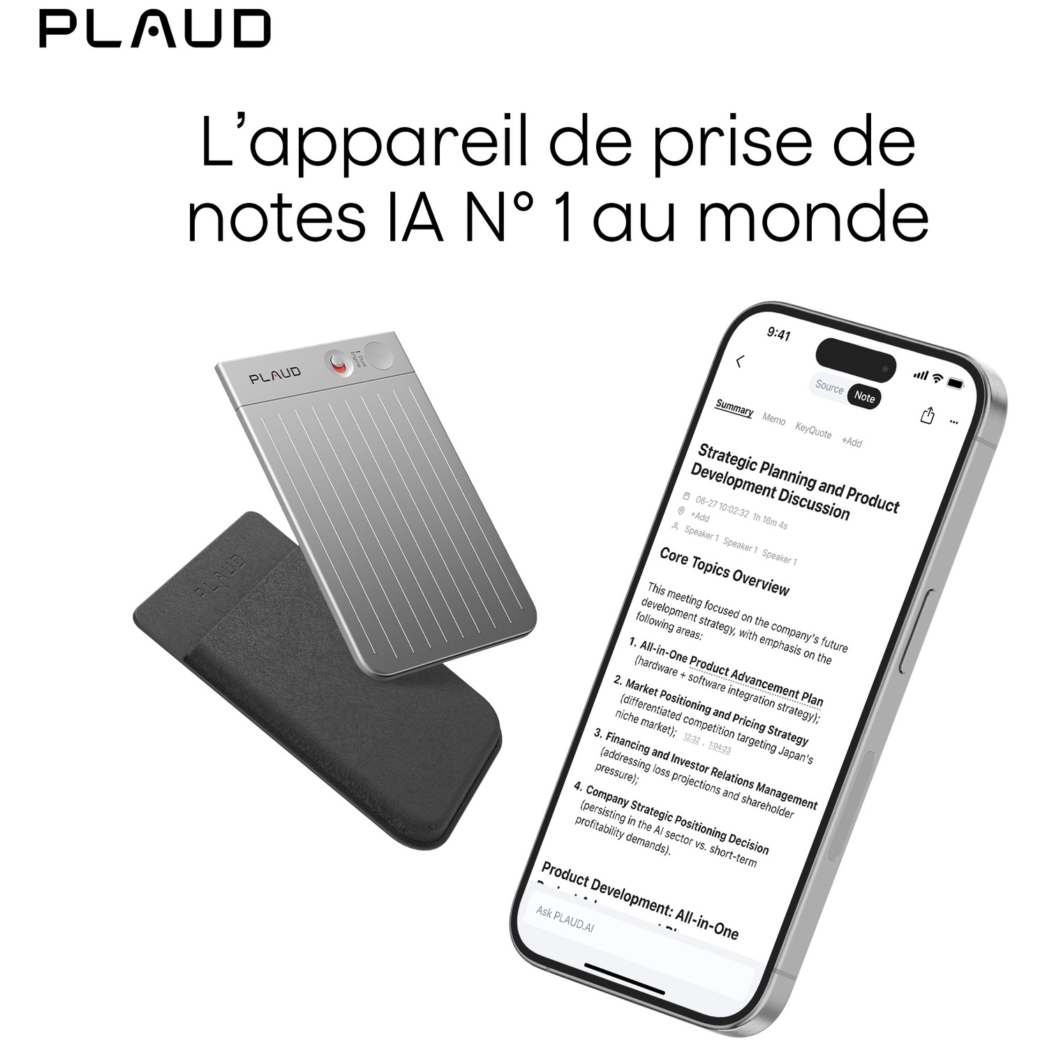 L'image présente un appareil, un téléphone affichant du texte et un étui de protection, le tout sur fond blanc.