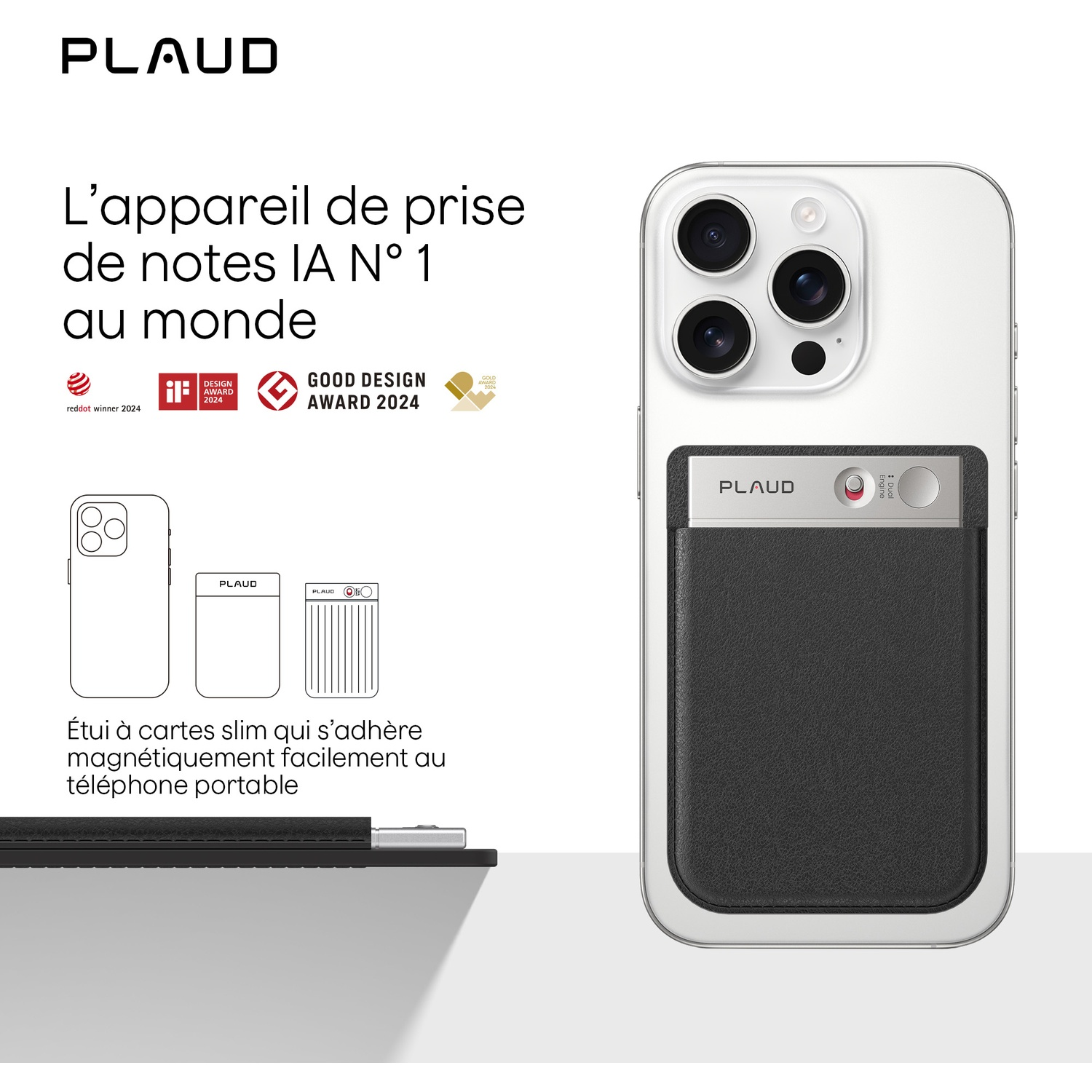 L'image montre un smartphone avec un porte-cartes noir attaché. Le texte comprend le nom du produit, des récompenses et la description du produit en français.