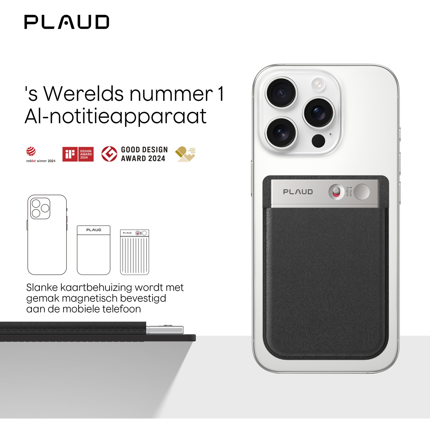 A phone with a black cardholder attached. The brand is PLAUD. Text includes 's Werelds nummer 1 Al-notitieapparaat.
