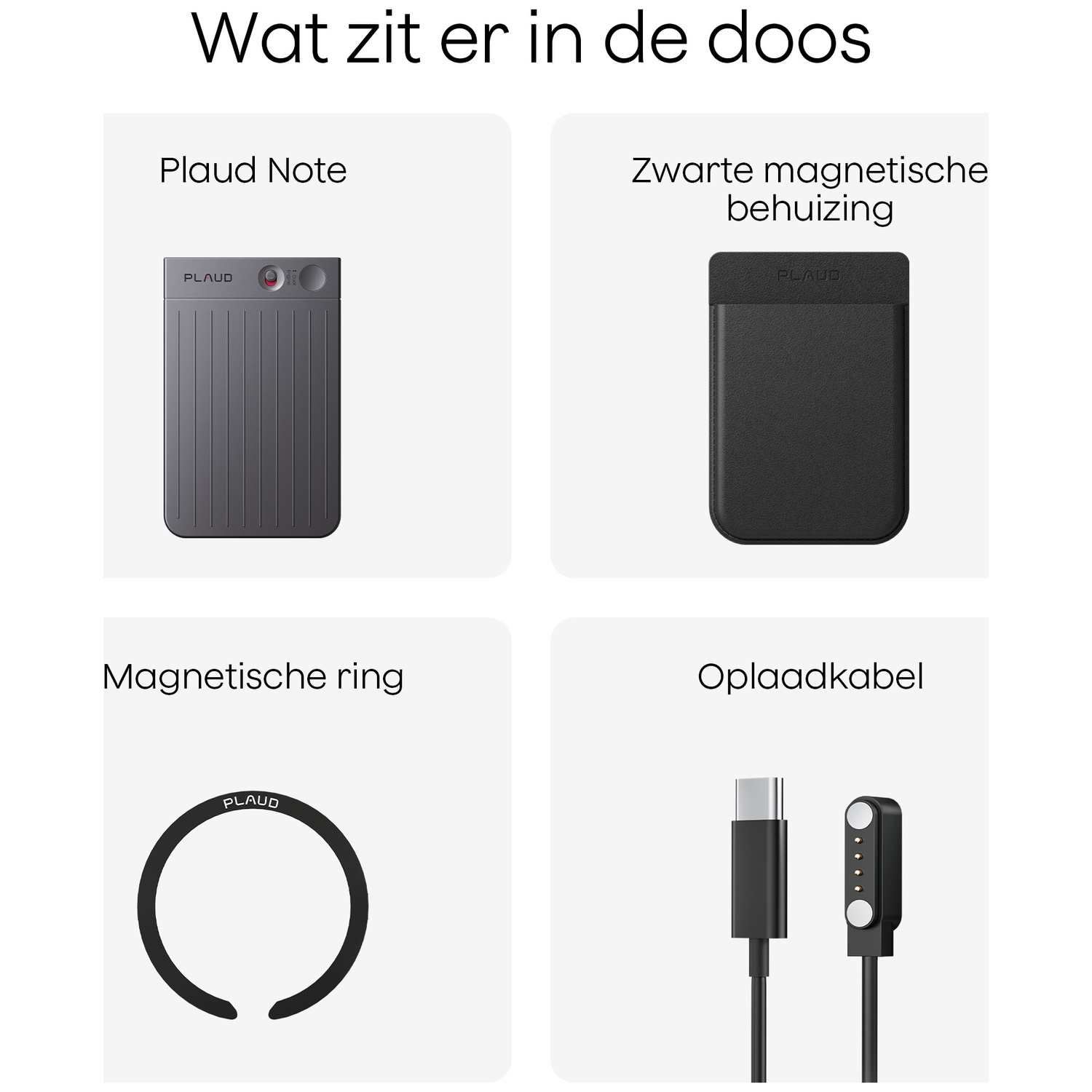 Image shows a Plaud Note, magnetic case, magnetic ring, and charging cable. All items are black and on a white background.