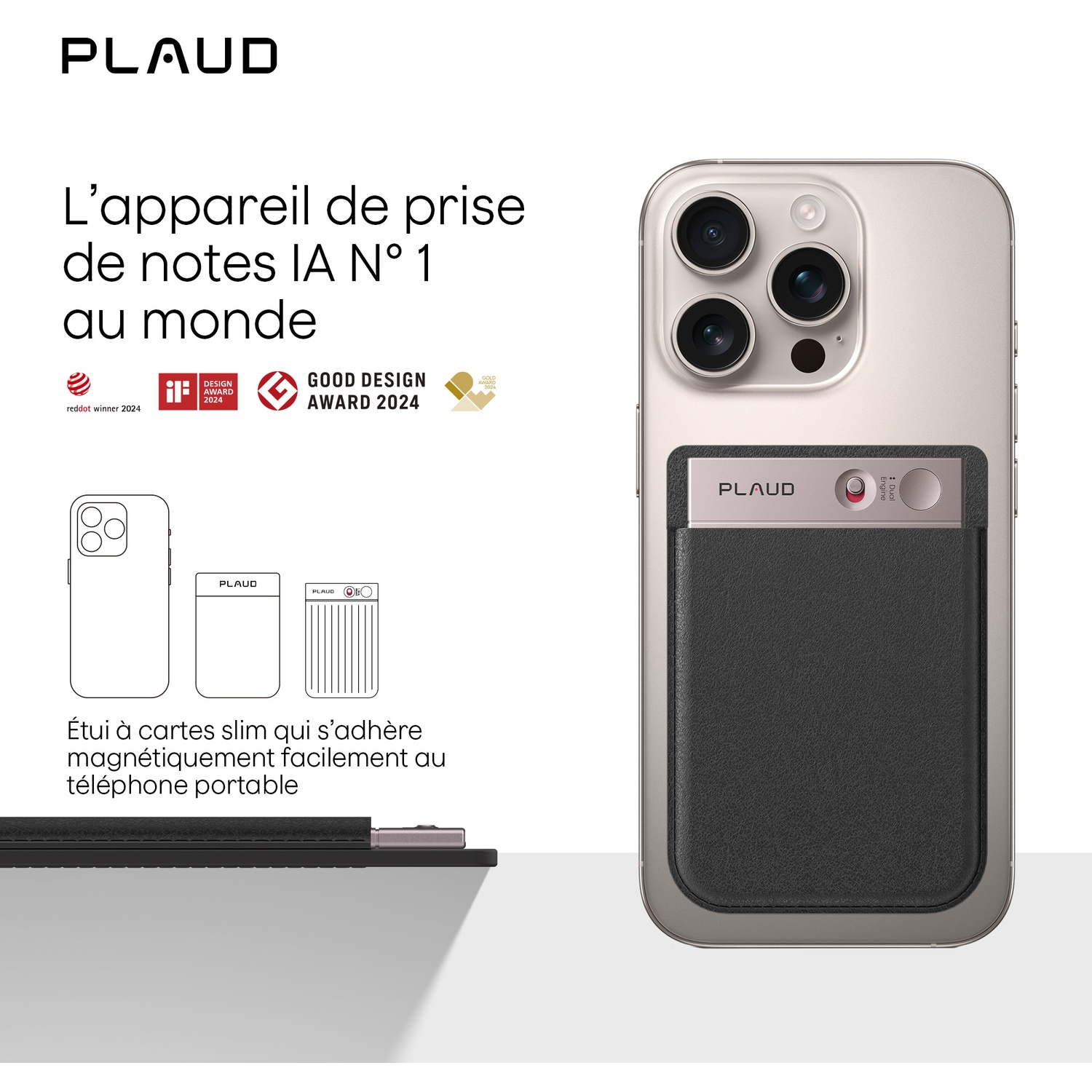 L'image montre un smartphone avec un porte-cartes noir. Le texte le décrit comme le 1er appareil de prise de notes IA au monde et un étui magnétique.