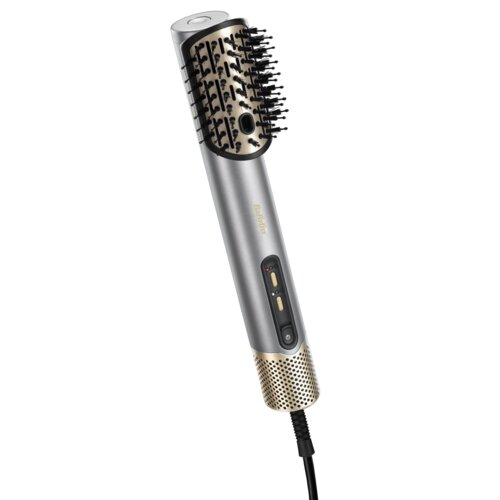 Srebrno-złota lokówka Babyliss z główką szczotkową. Czarny przewód zasilający jest podłączony.