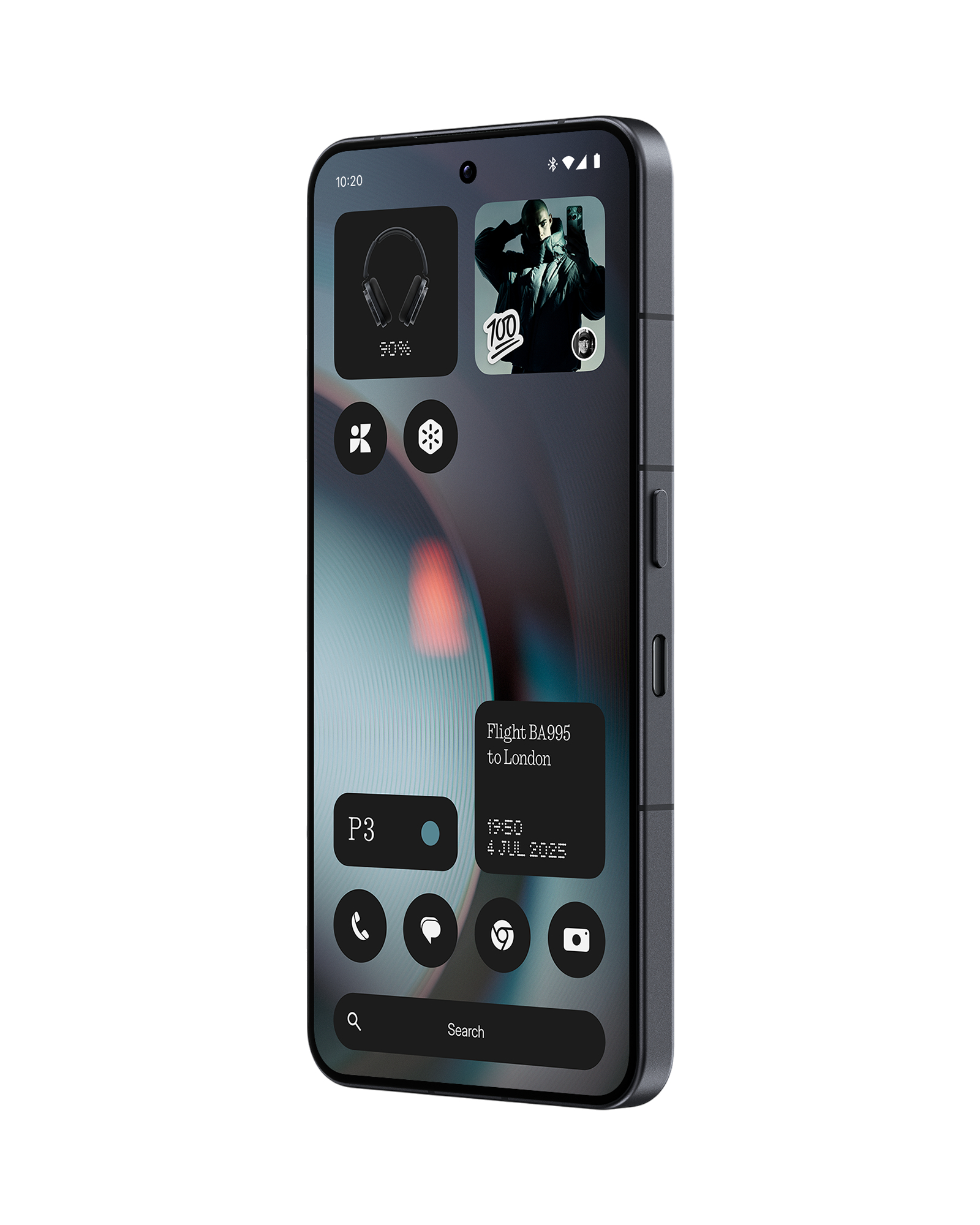 Auf dem Smartphone-Bildschirm wird eine benutzerdefinierte Oberfläche angezeigt. Sie zeigt Widgets für Kopfhörer, ein Foto und Fluginformationen sowie App-Verknüpfungen.