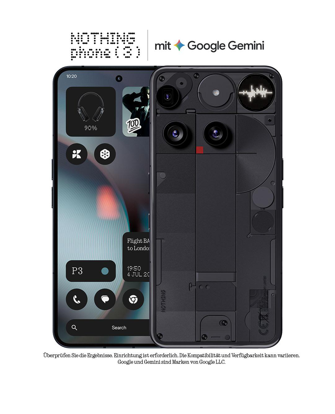 Ein schwarzes Nothing-Telefon wird angezeigt, das die Rückseite und den Bildschirm des Telefons zeigt. Der Bildschirm zeigt Symbole und Widgets.