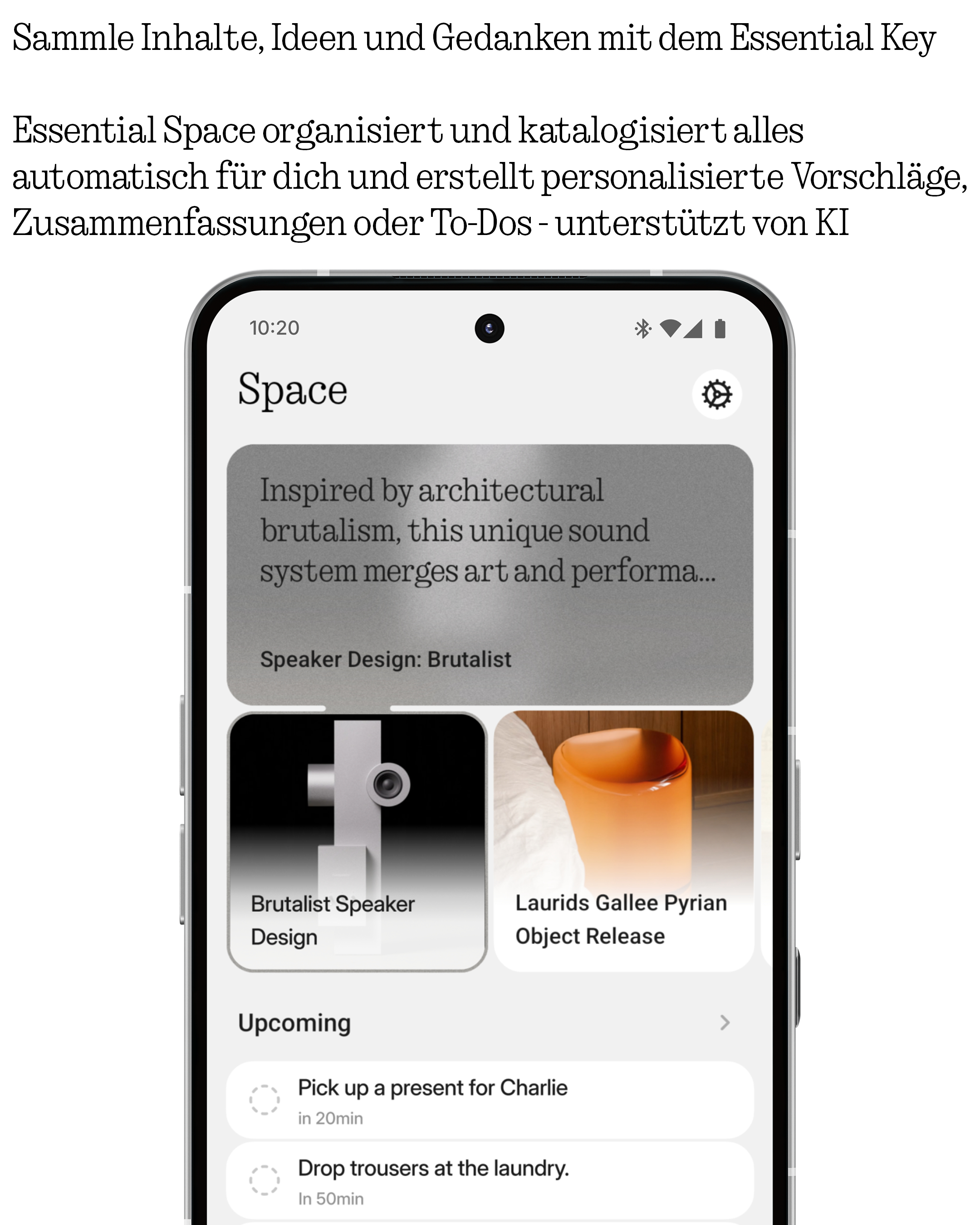 Ein Smartphone-Bildschirm zeigt eine App. Die App zeigt anstehende Aufgaben und Bilder von Designobjekten.