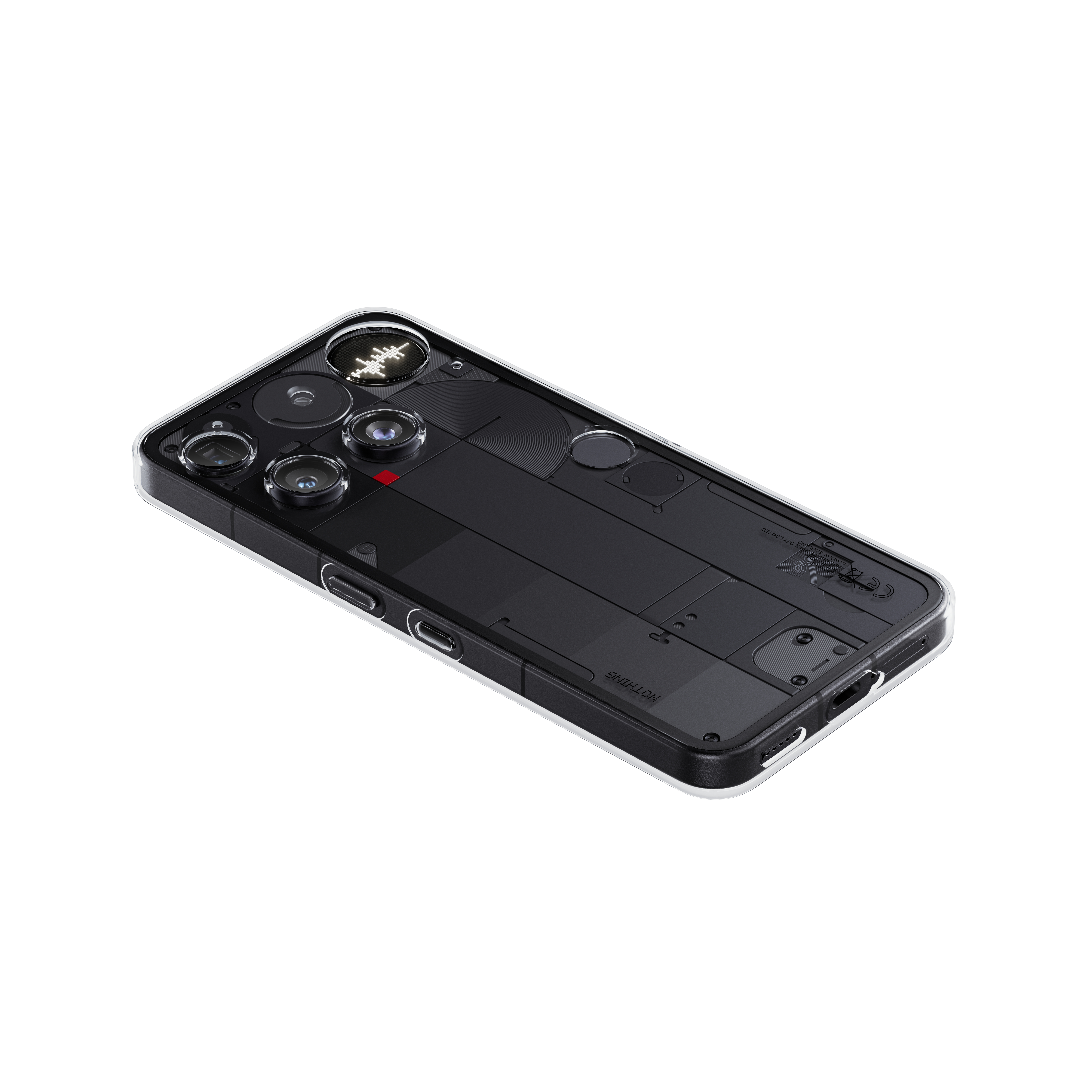 Schwarzes Smartphone in klarer Hülle. Kameras, interne Komponenten und der Name 'NOTHING' sind sichtbar.