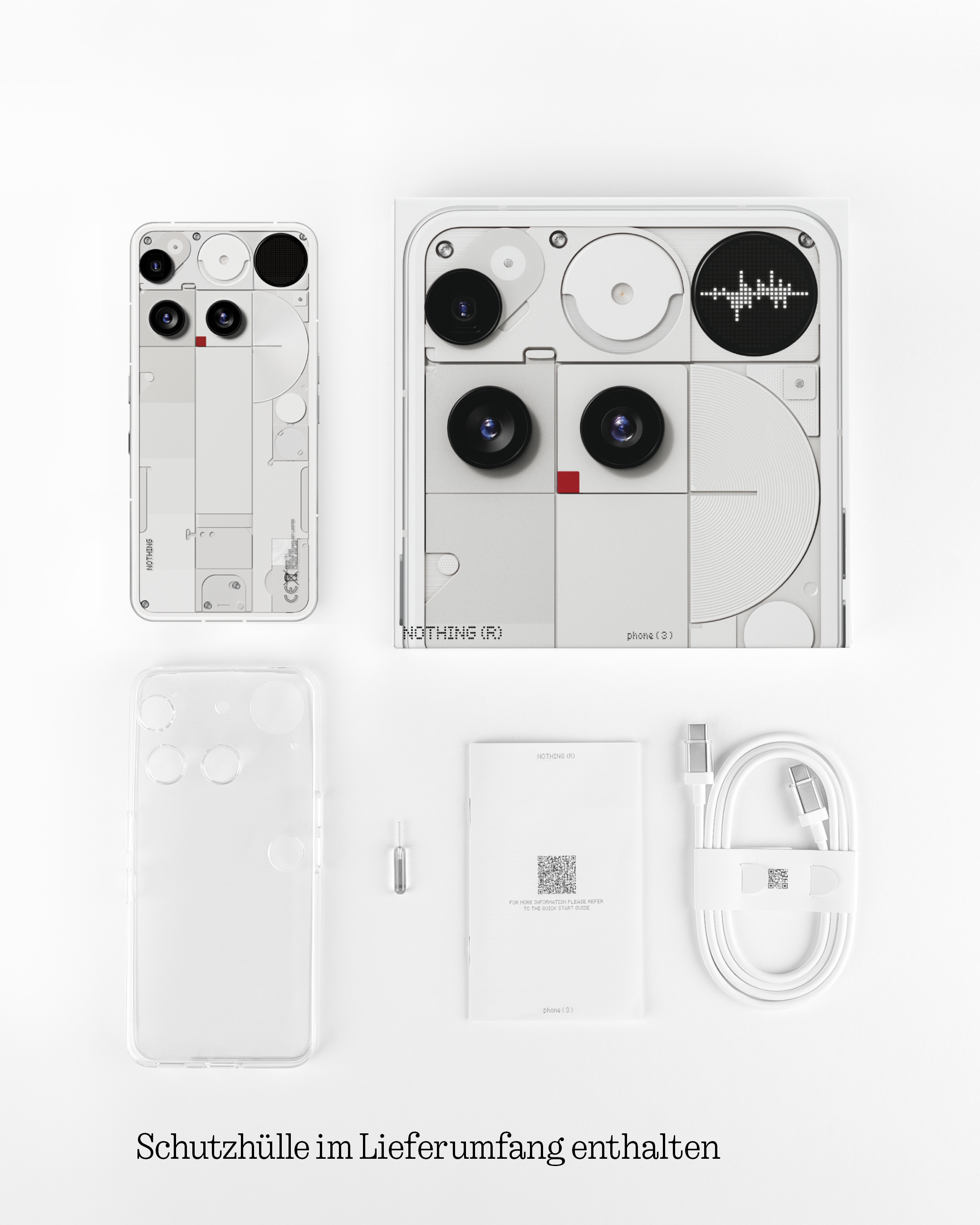 Draufsicht auf ein Nothing Phone (2) mit Zubehör: Hülle, Kabel, SIM-Werkzeug und Dokumente, alles auf weißem Grund.
