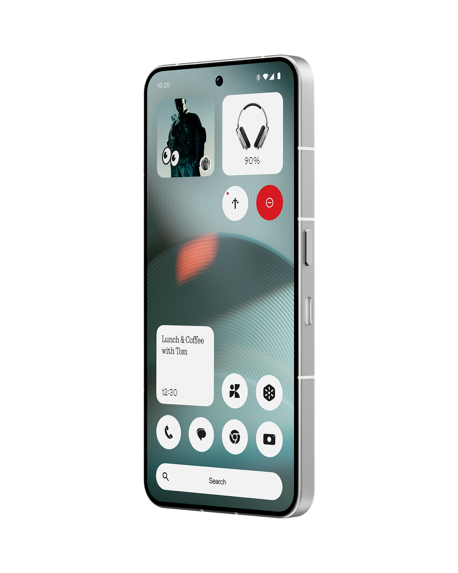 Ein silbernes Smartphone zeigt eine benutzerdefinierte Oberfläche mit Widgets, Symbolen und einer Suchleiste mit modernem Design.