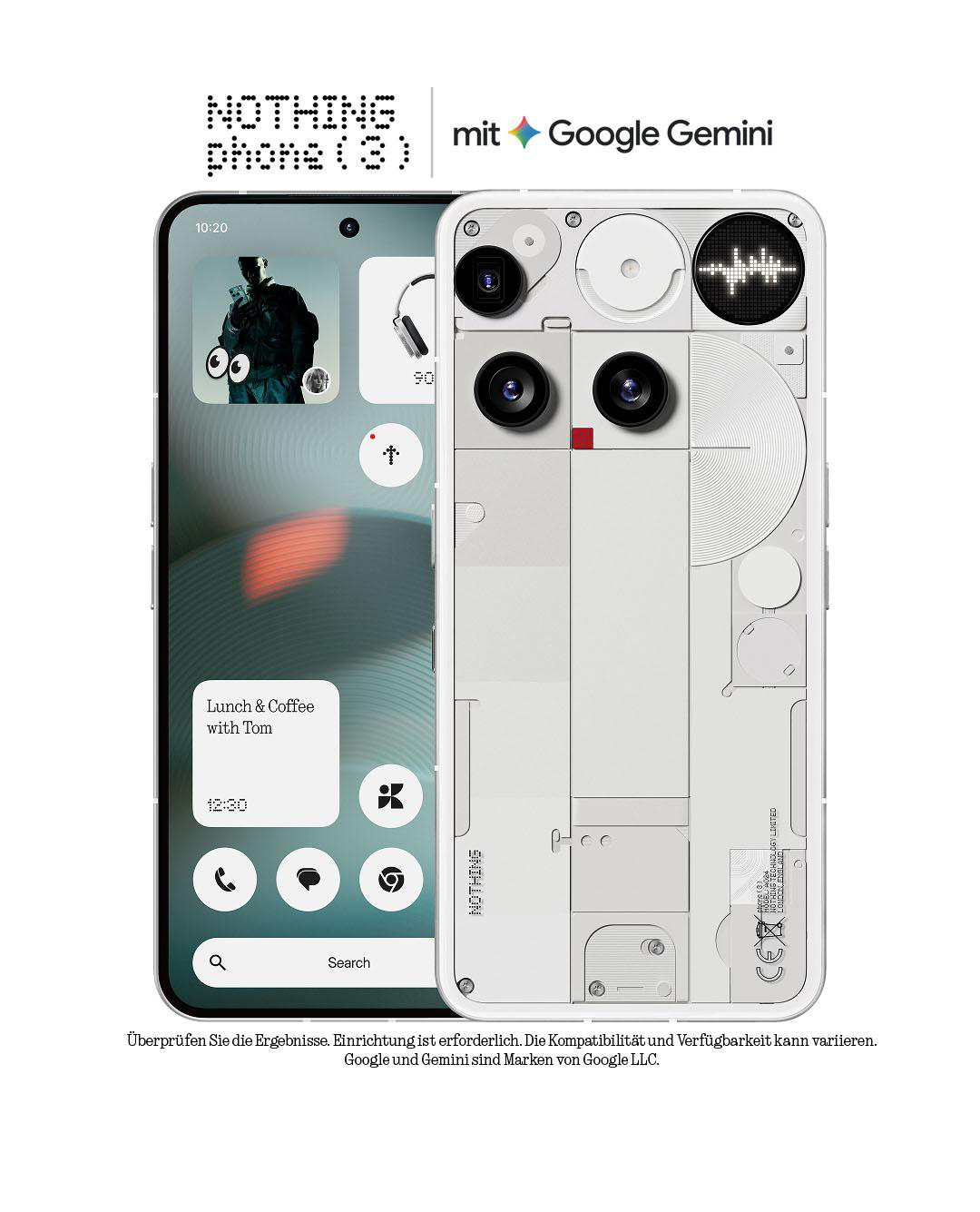 Das Bild zeigt ein Nothing Phone (2) mit transparentem Rücken, ein Telefonbildschirm mit Benutzeroberfläche und das Google Gemini Logo.