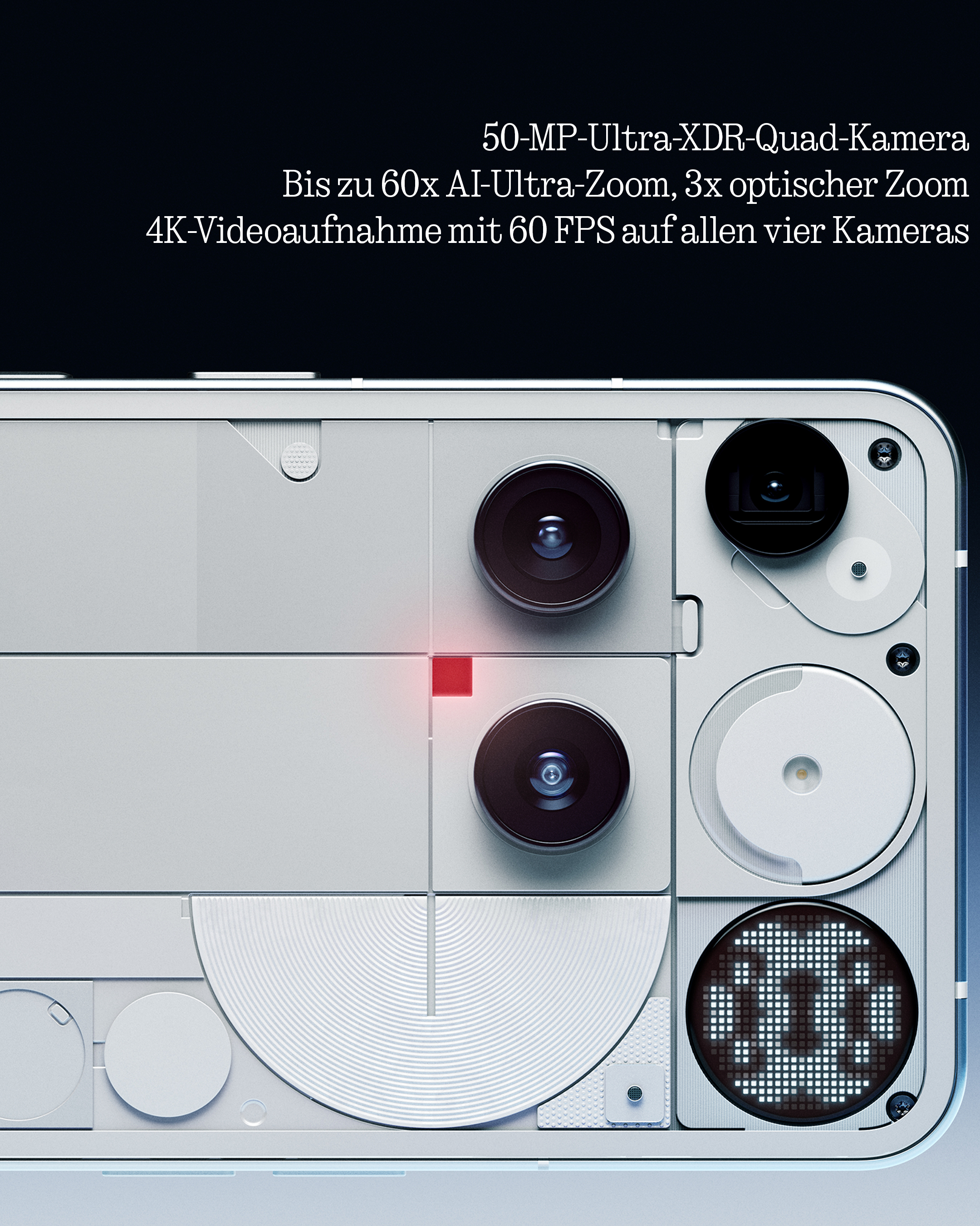 Nahaufnahme der Kamerarückseite eines Telefons. Text: 50MP, Ultra Zoom, 4K Video.