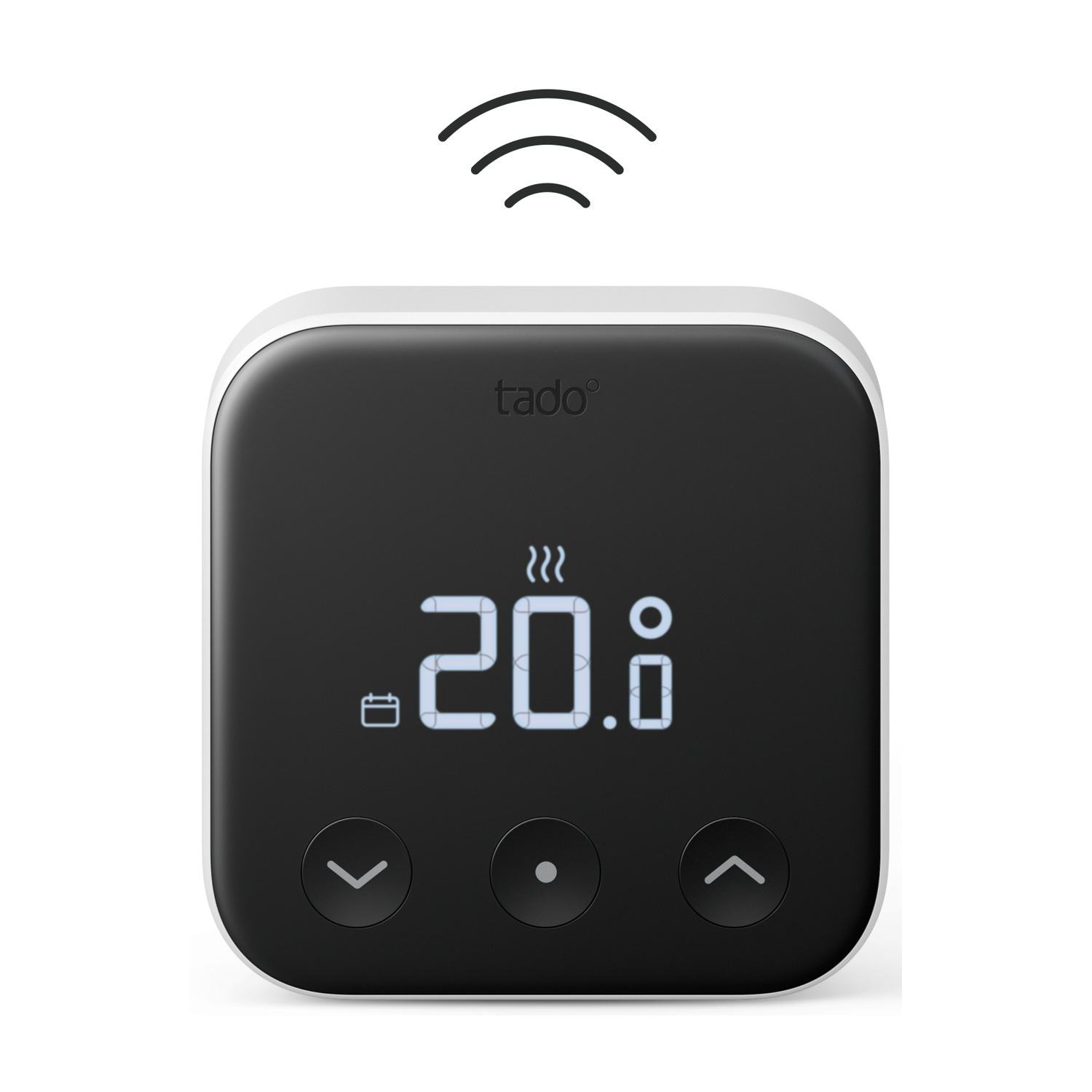 Un termostato Tado in bianco e nero. Visualizza 20,8 gradi. Ci sono tre pulsanti e un simbolo wifi in alto.