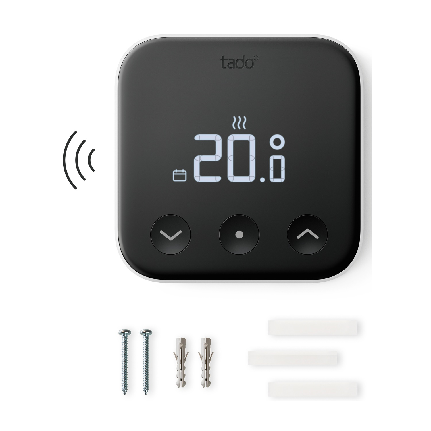 Un termostato Tado nero che mostra 20,0 gradi. Include viti, tasselli e un simbolo Wi-Fi.