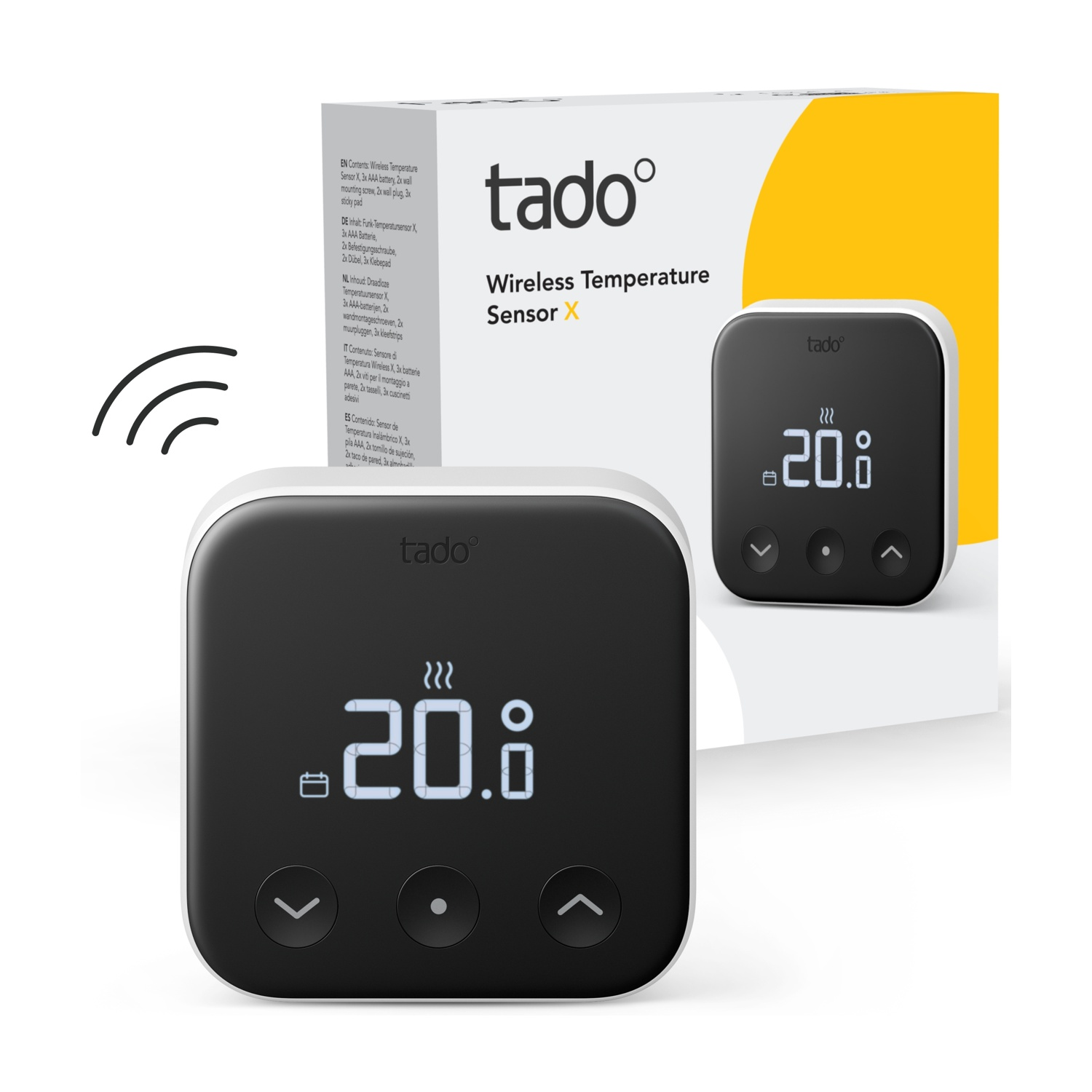 Un sensore di temperatura wireless X Tado. Il display mostra 20,0 gradi. La confezione include accessori e testo in più lingue.