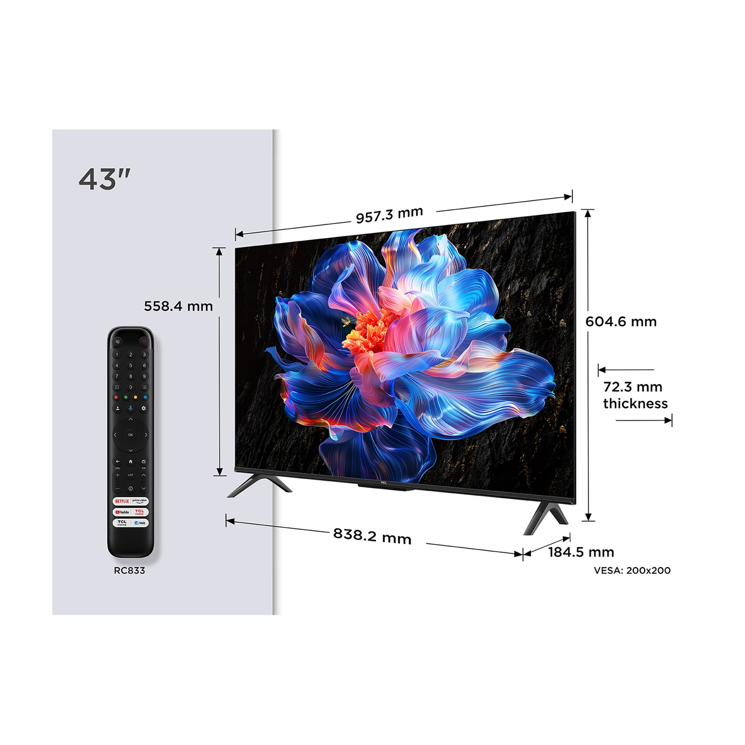 Una TV da 43" con dimensioni indicate. Un telecomando è a sinistra. La TV mostra un'immagine floreale colorata.