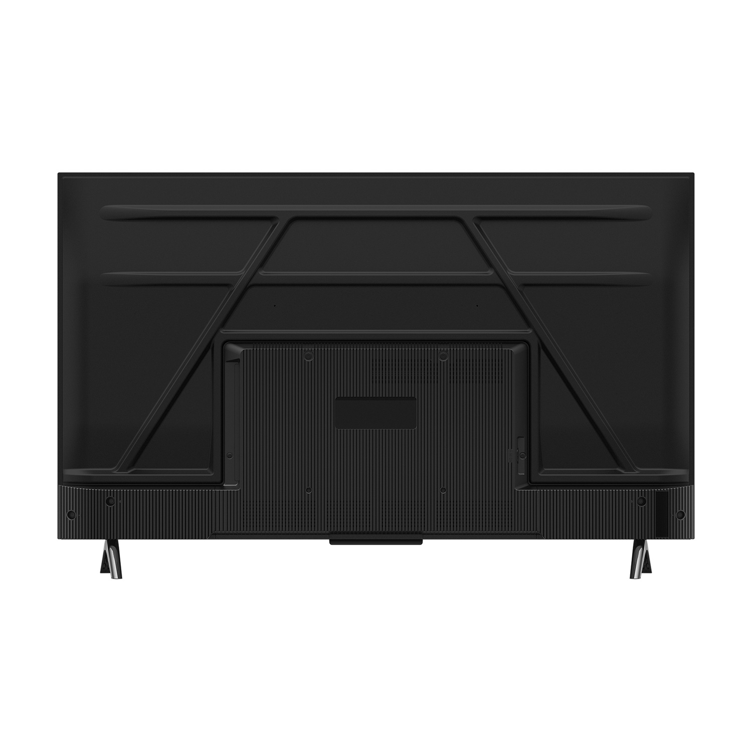 La parte posteriore di una TV nera è visibile. Ha una staffa, porte e supporti. La superficie è strutturata.