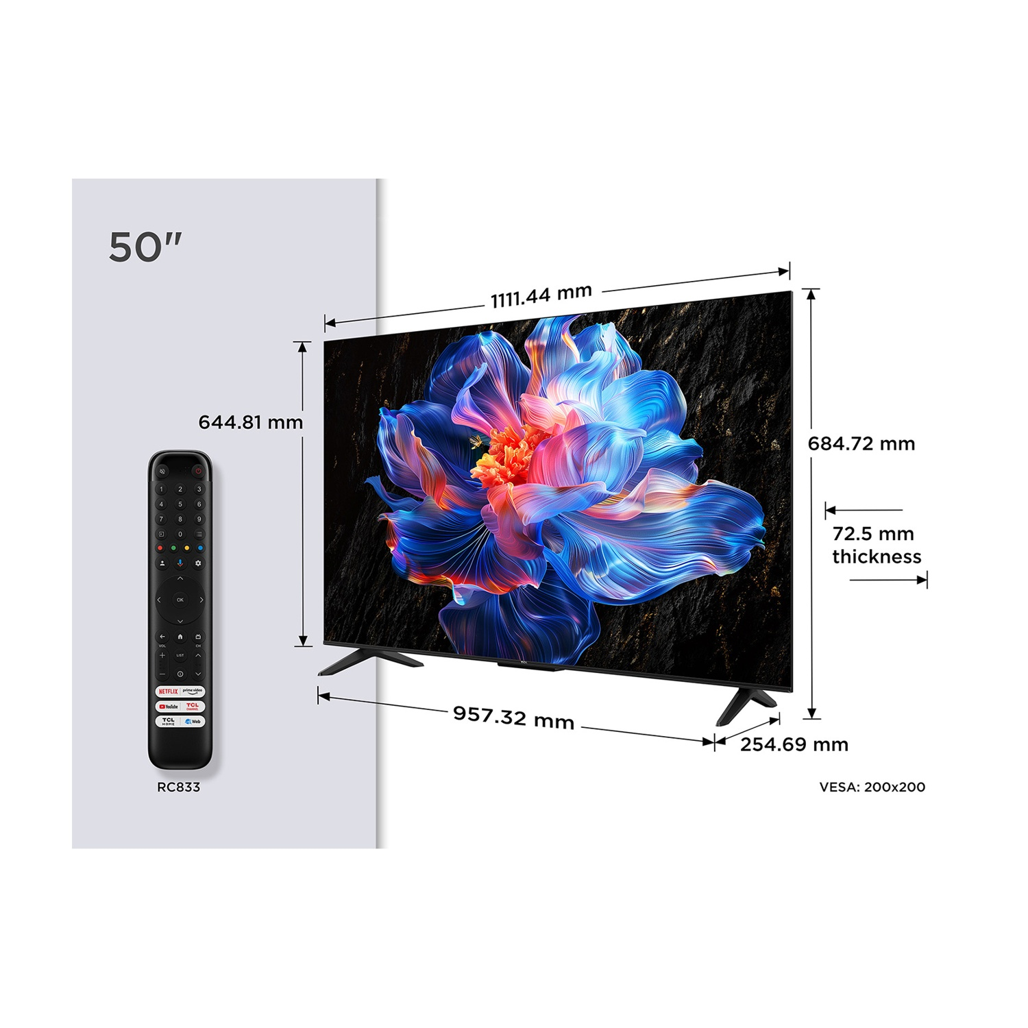 Un televisore da 50" con un display floreale colorato. Le dimensioni sono indicate, insieme a un telecomando. VESA 200x200.