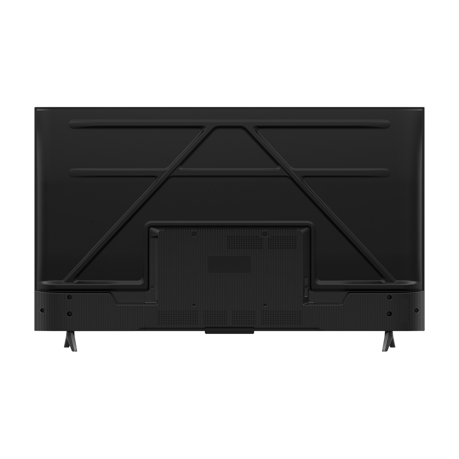 È mostrato il retro di una TV a schermo piatto nera, con telaio in metallo e due gambe, su sfondo bianco.