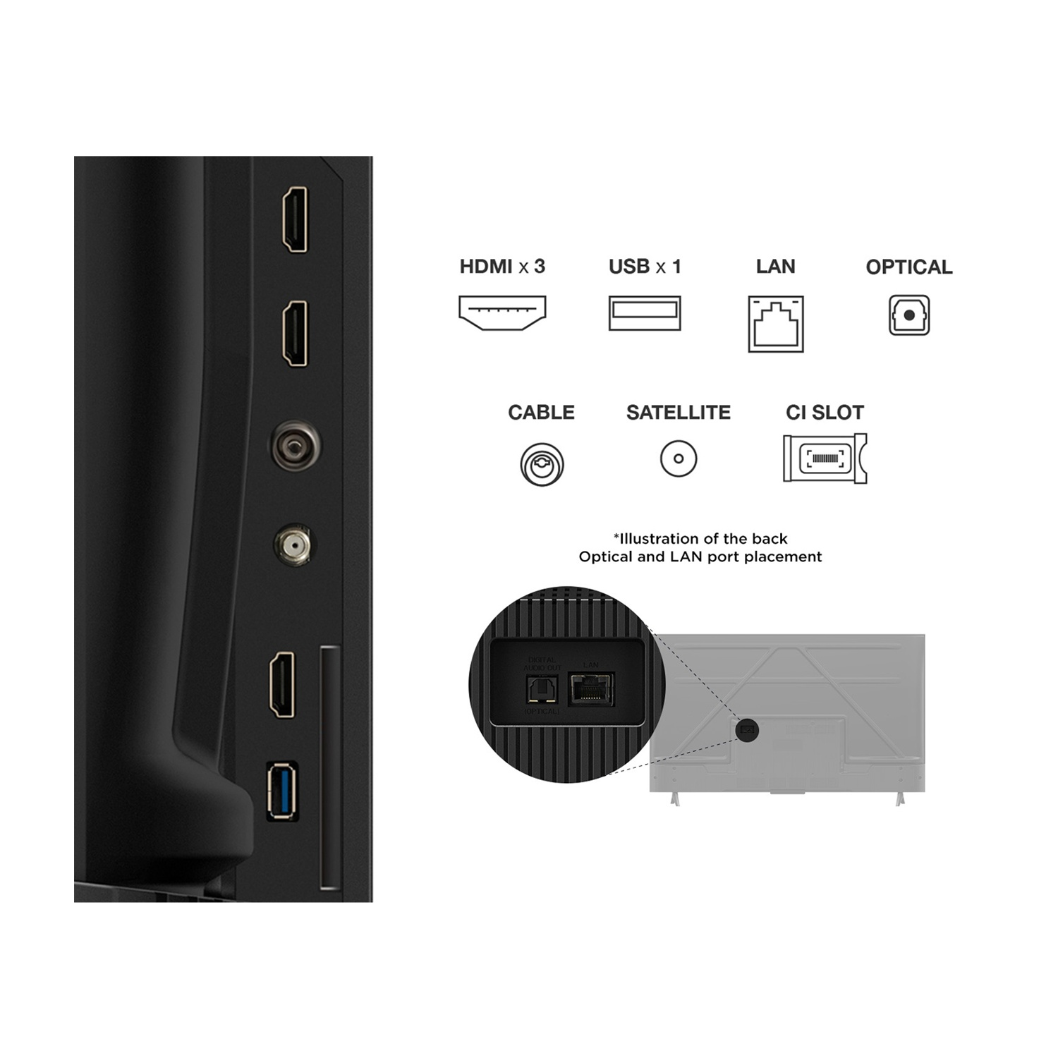 Schema che mostra le porte TV: HDMI, USB, LAN, Ottica, Cavo, Satellite, Slot CI. Illustrazione del retro con porte Ottica e LAN.