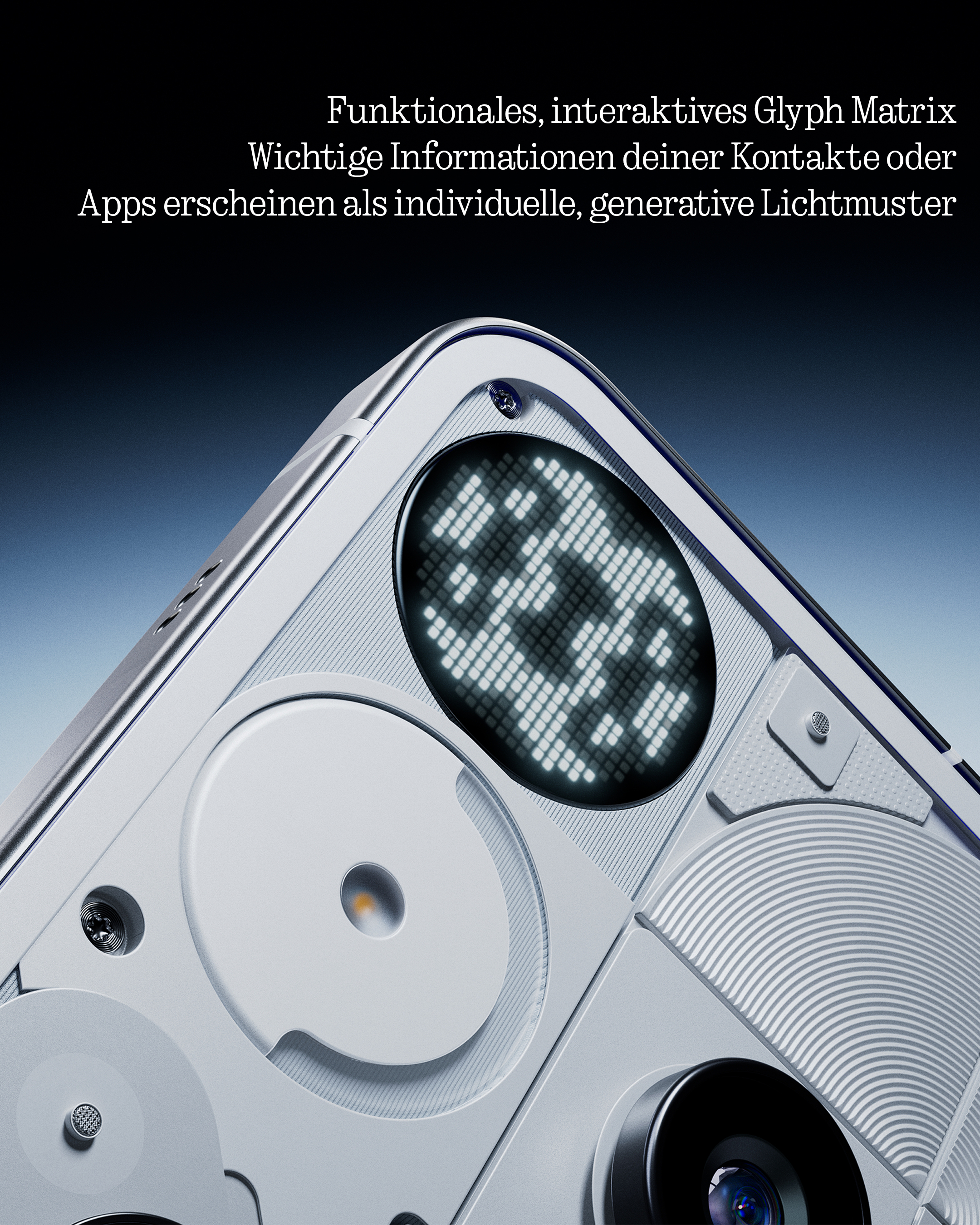Nahaufnahme der Rückseite eines Telefons. Glyph-Matrix leuchtet auf. Weiße und graue Telefonteile, dunkler Hintergrund.
