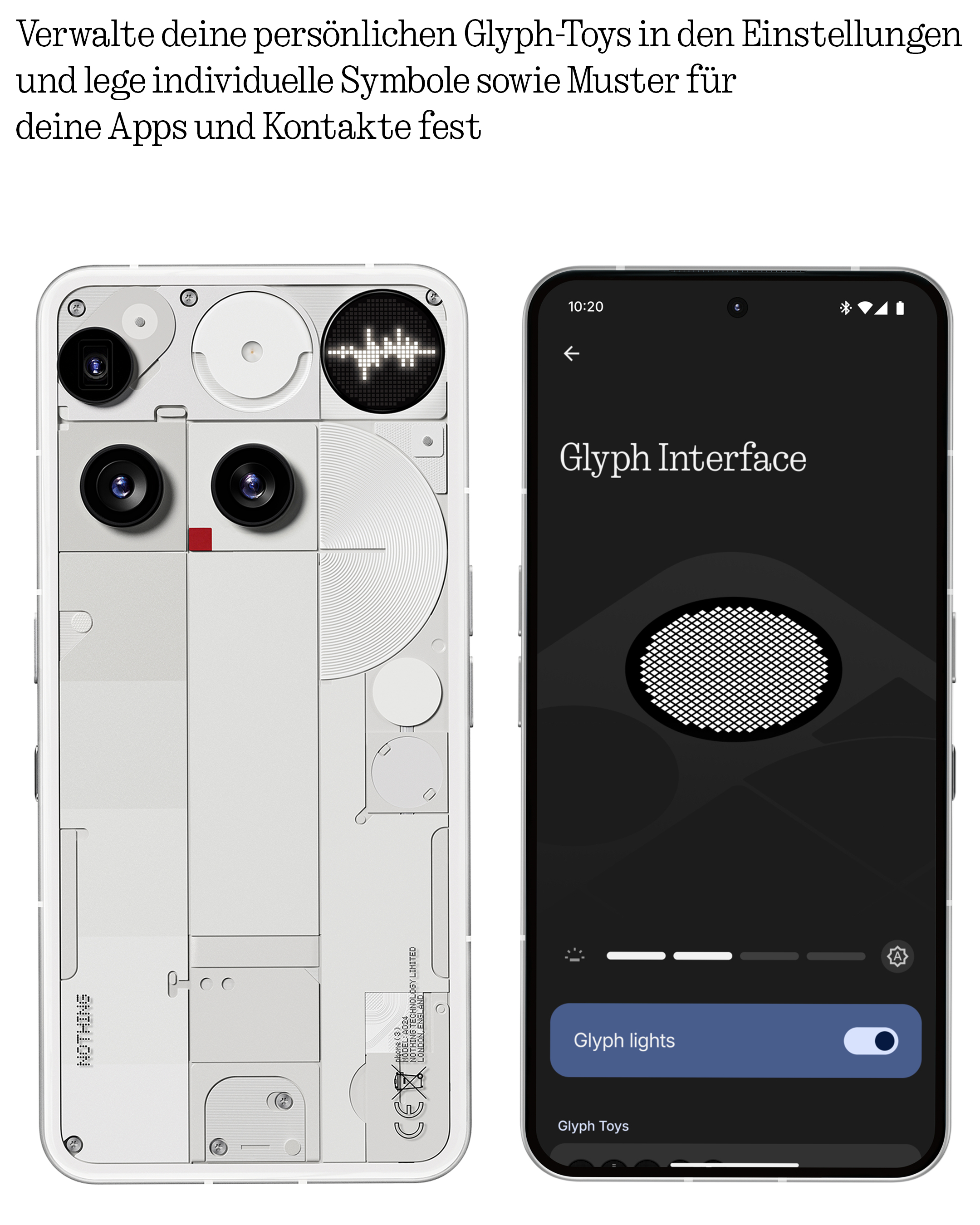 Rückseite des Telefons mit Kameras und Bildschirm, der Glyph-Oberfläche und Glyph-Licht-Umschaltung zeigt.