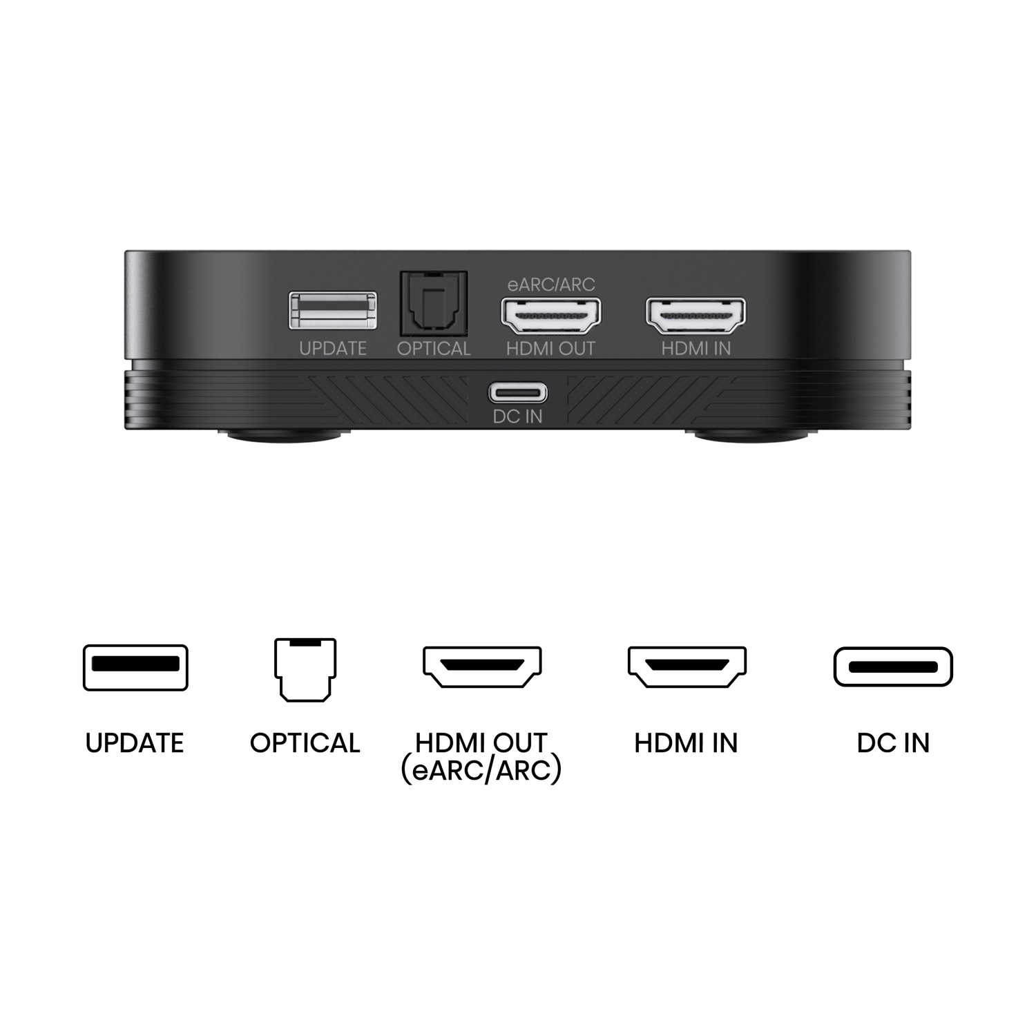 Dispositivo nero con porte: Update, Optical, HDMI Out, HDMI In e DC In, con etichette. Sotto, icone.