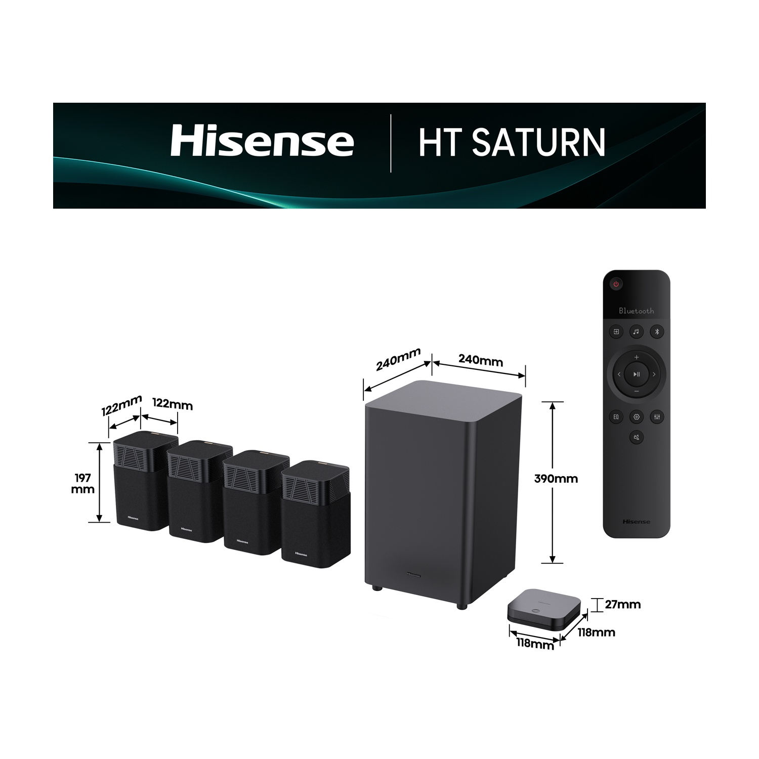 Sistema audio Hisense HT SATURN, altoparlanti neri, subwoofer, telecomando e ricevitore. Dimensioni etichettate.
