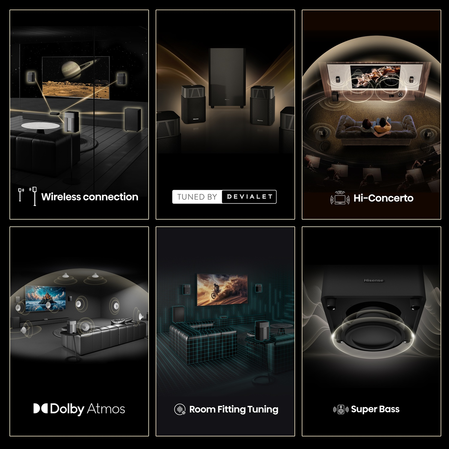 Le immagini mostrano configurazioni home theater. Caratteristiche: connessione wireless, Dolby Atmos e Super Bass. Loghi: Hisense, Devialet.