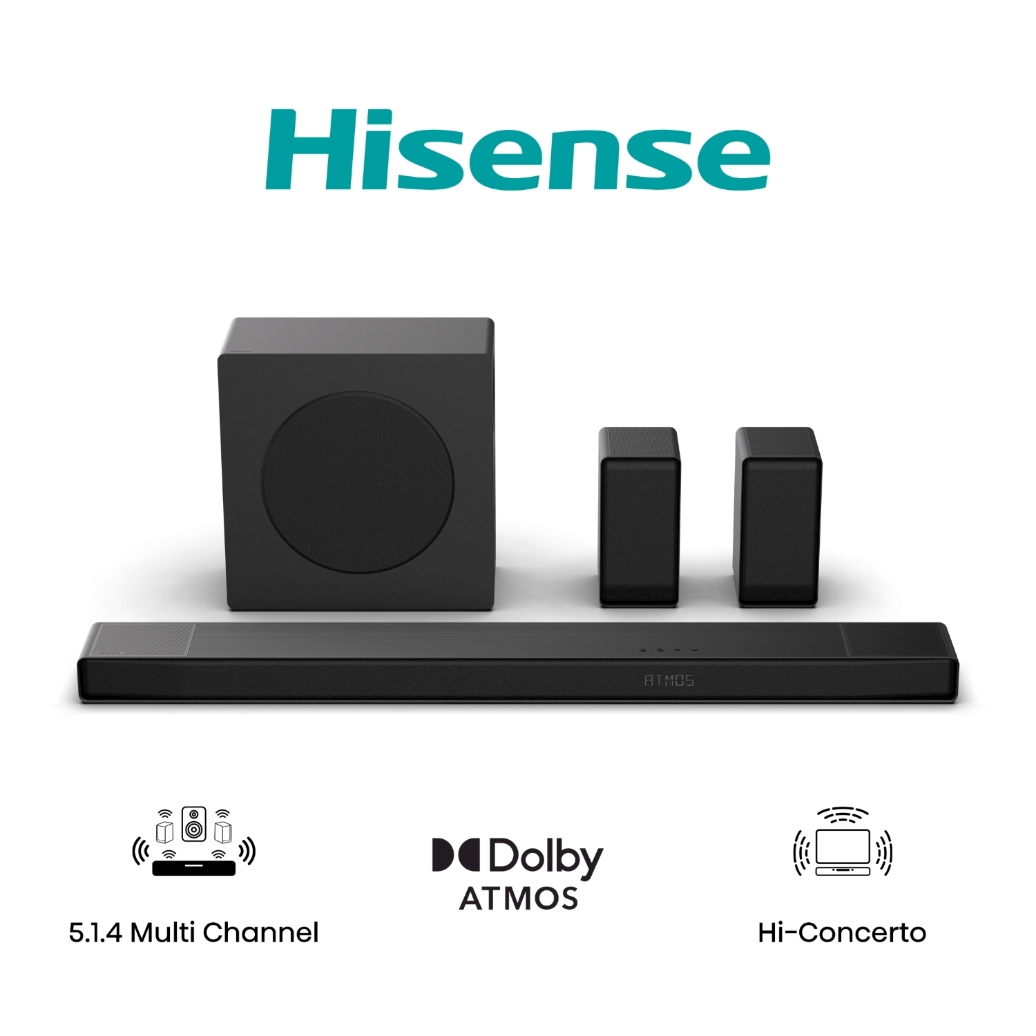 Sistema soundbar Hisense nero con subwoofer e due altoparlanti satellitari. Offre 5.1.4 multicanale, Dolby Atmos e Hi-Concerto.