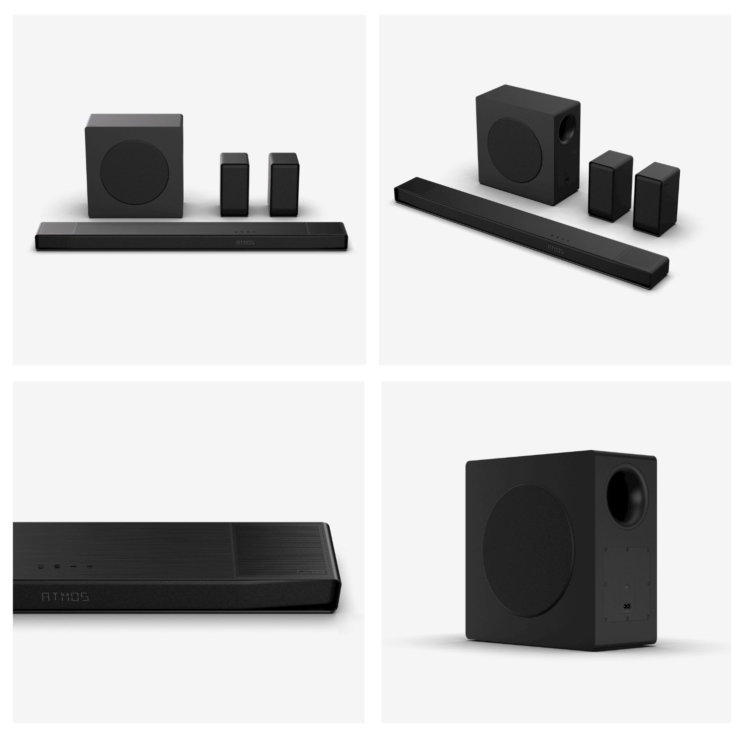 Quattro immagini di un sistema audio nero. Include una soundbar, un subwoofer e altoparlanti satellitari, tutti su sfondo bianco.