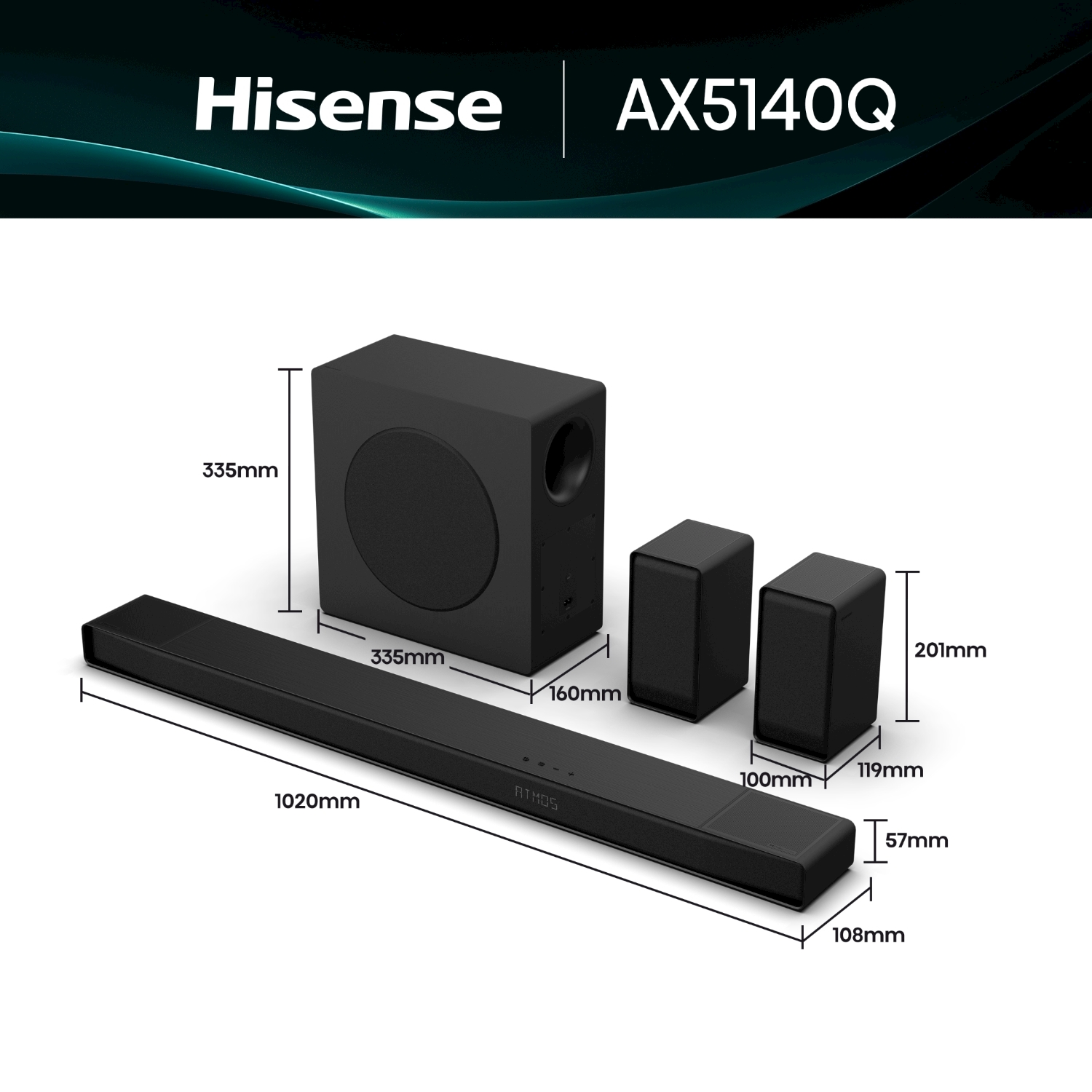 Viene mostrato un sistema audio Hisense AX5140Q nero. Include una soundbar, un subwoofer e due altoparlanti satellitari, con dimensioni indicate.