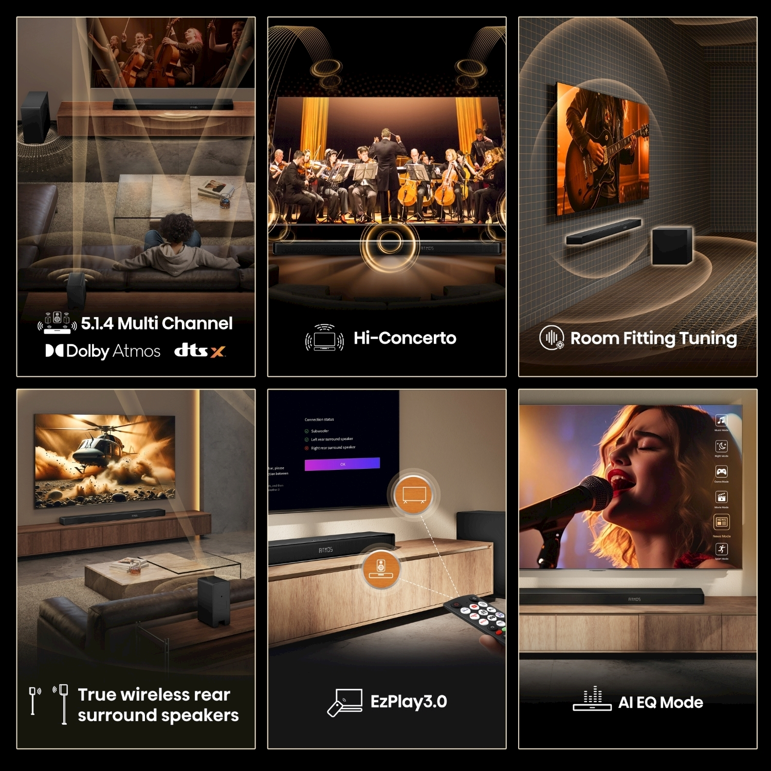 Un sistema audio con TV, altoparlanti e subwoofer. Include multicanale, surround wireless e modalità AI EQ.