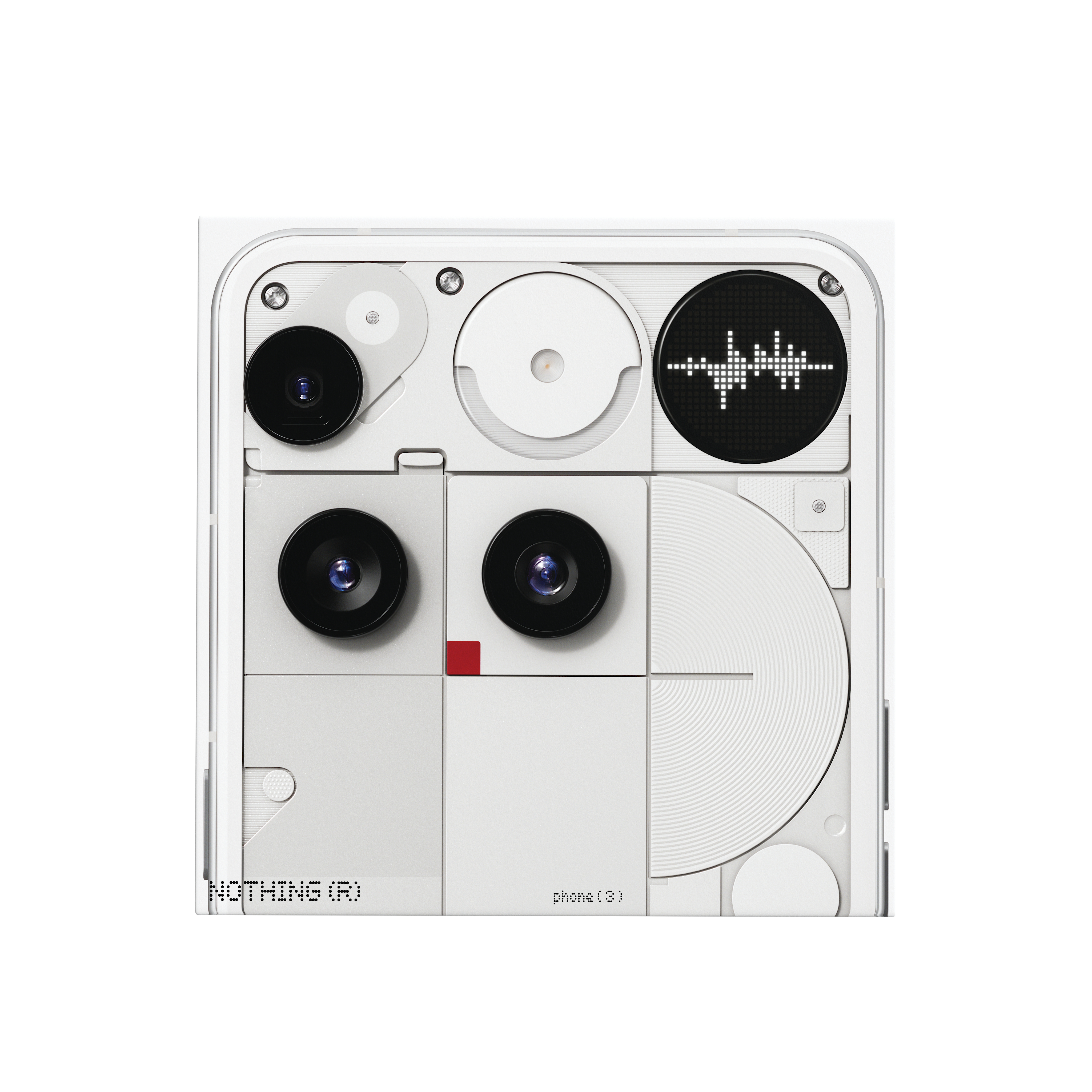 Weißes Telefon mit schwarzen Kameras, rotem Quadrat und grafischer Schallwelle. Text: Nothing Phone (2).