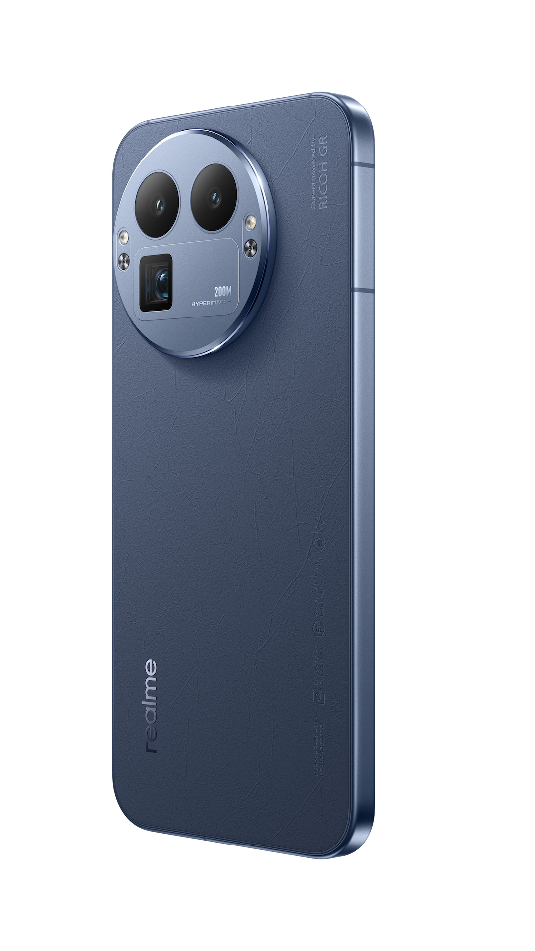 Egy kék Realme okostelefon nagyméretű kameramodullal. A modul három lencsével és egy 200MP HyperImage felirattal rendelkezik.