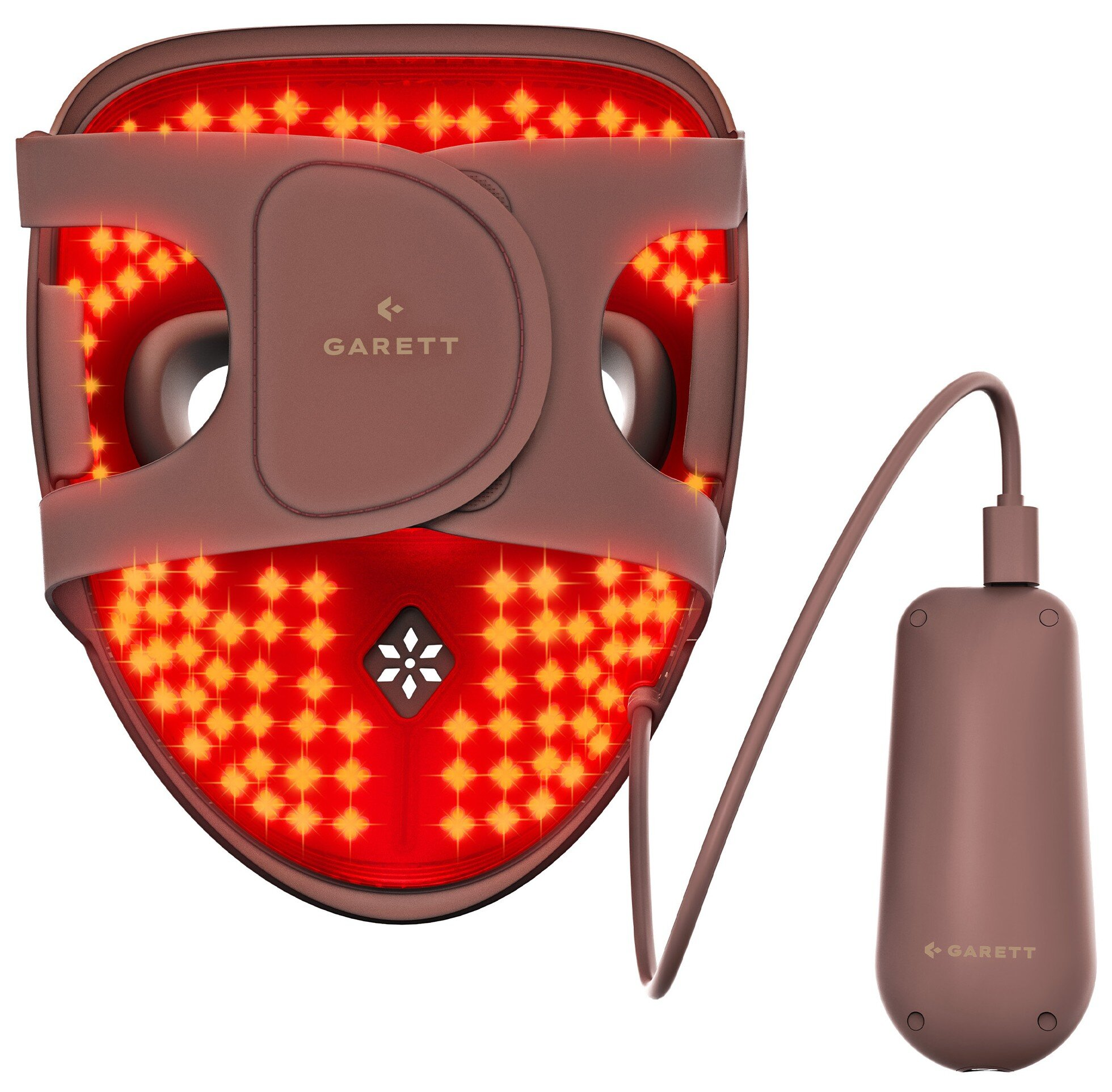 Brązowe urządzenie do terapii LED z czerwonymi światłami, paskiem i podłączoną jednostką sterującą. Marka to 'GARETT'.