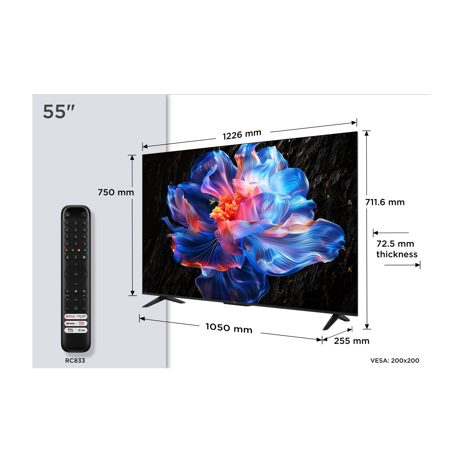 Un televisore da 55 pollici con un'immagine floreale sullo schermo, un telecomando e dimensioni etichettate. La TV è nera con un supporto.