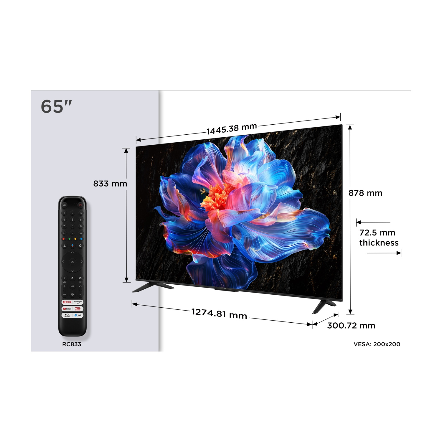 Una TV da 65 pollici con arte floreale sullo schermo, telecomando e misure. Sono fornite le dimensioni, insieme allo standard VESA.
