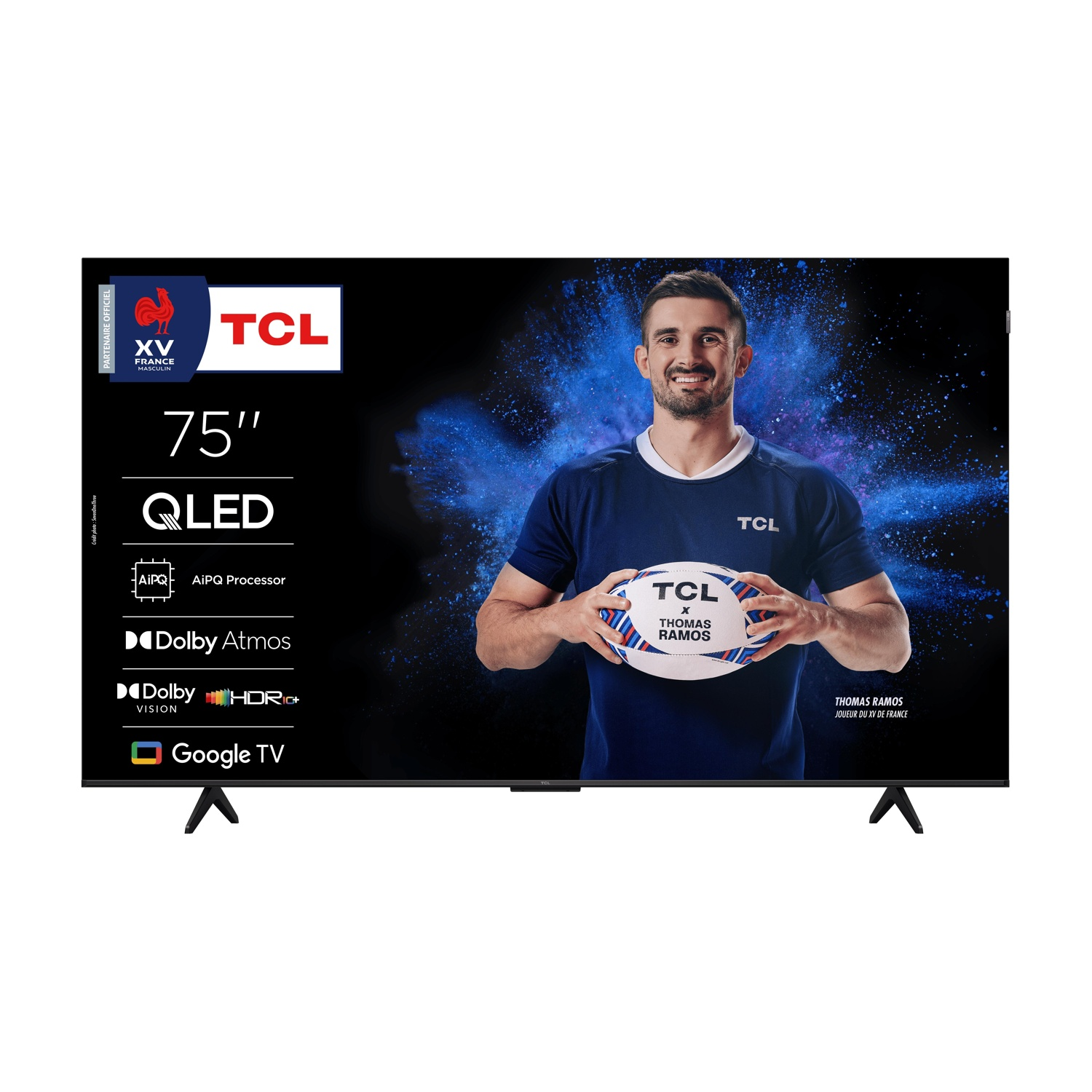 TV TCL QLED 75" con un giocatore di rugby che tiene una palla. La TV mostra caratteristiche e loghi.