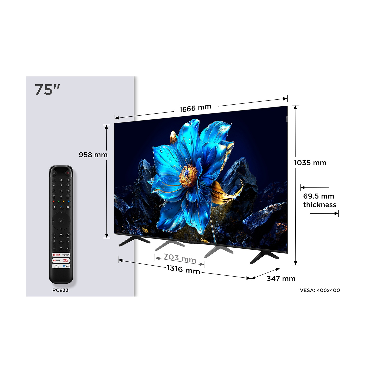 Un televisore da 75 pollici mostra un'immagine di fiore blu, con misure. Un telecomando è a sinistra. Le dimensioni sono visualizzate attorno al televisore.