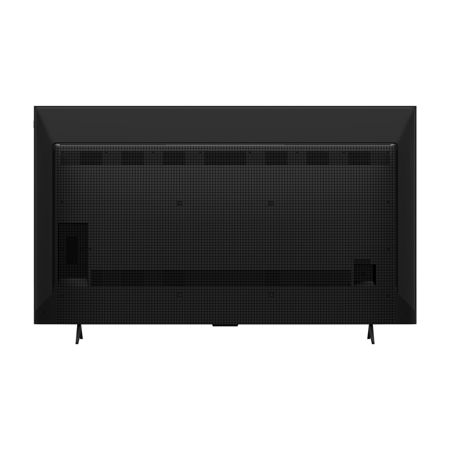 È mostrato il retro di una TV a schermo piatto nera. Ha un motivo a griglia strutturata, prese d'aria e due piedini.