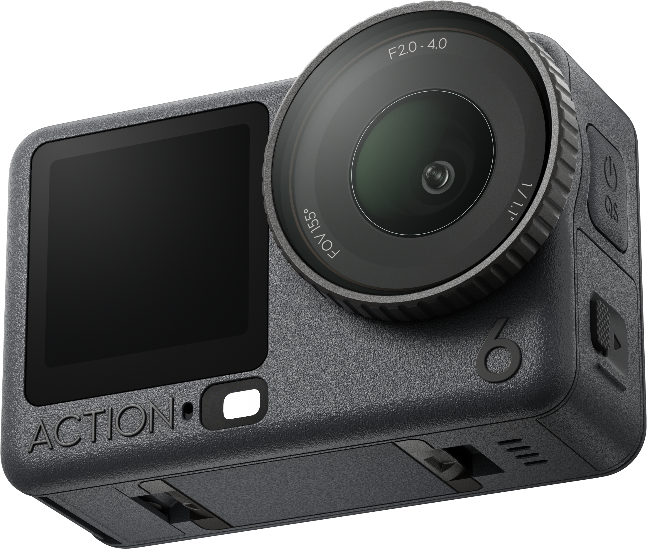 Eine schwarze Action-Kamera mit Objektiv, Bildschirm und Knöpfen. Es hat das Wort 'ACTION' darauf.