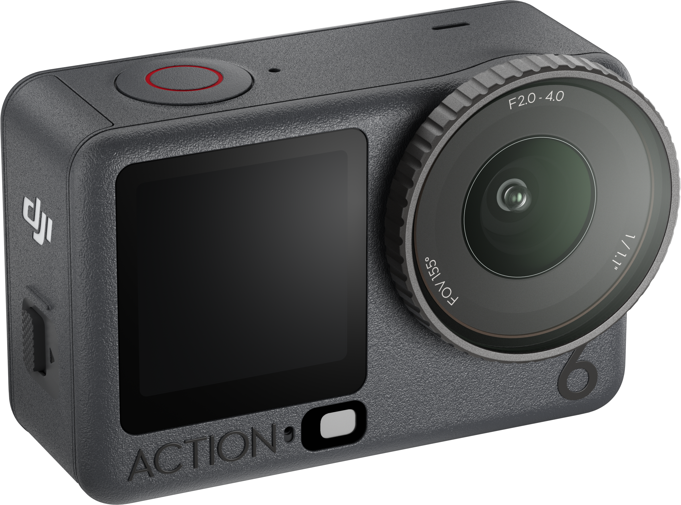 Eine graue Action-Kamera mit Objektiv, Bildschirm und roter Taste. Es steht das Wort 'ACTION' darauf.