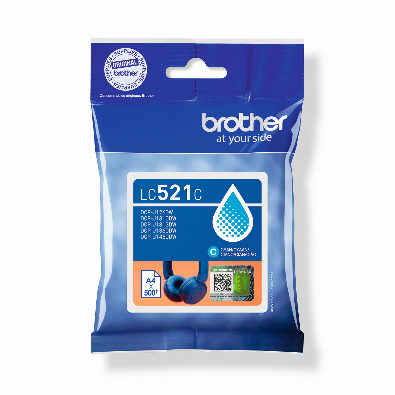 Cartucho de tinta cian en un paquete de plástico con el logotipo de Brother y detalles del producto. El paquete tiene un fondo azul.