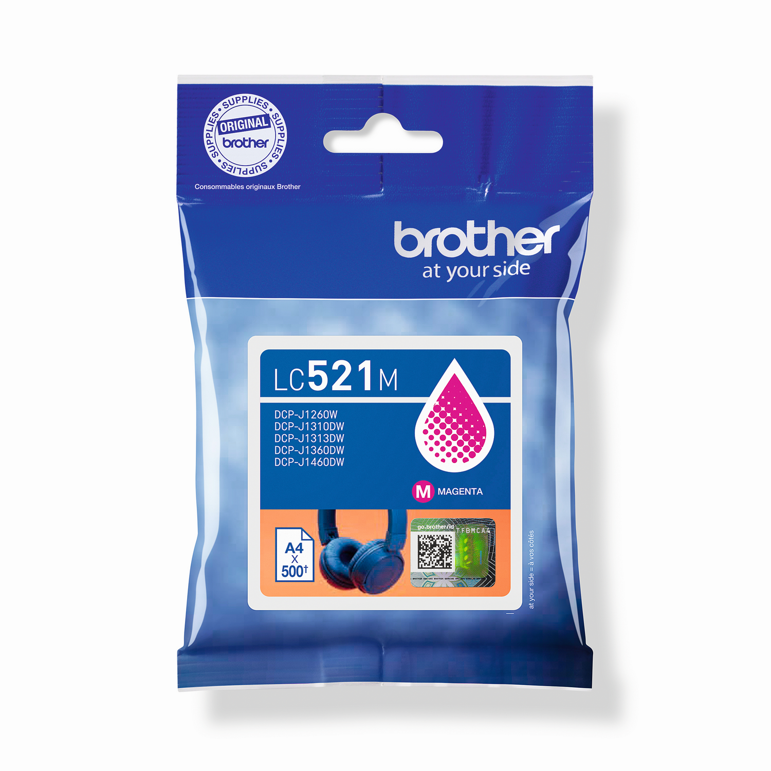 Un cartucho de tinta magenta Brother LC521M en un paquete de plástico azul. El paquete tiene el logotipo de Brother e información del producto.
