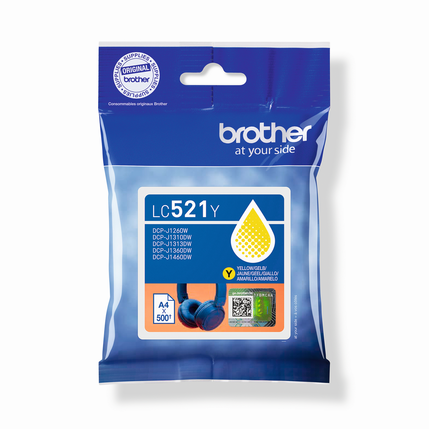 Cartucho de tinta Brother LC521Y. Envase de plástico azul con detalles del producto. Icono de gota de tinta amarilla. Icono de auriculares y tamaño A4.
