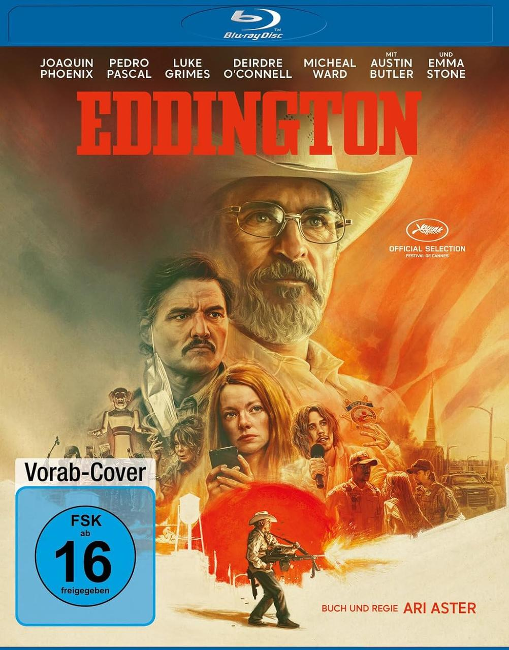 Filmplakat für 'Eddington'. Mit Schauspielern, einem Cowboy und einer Wüstenkulisse. Blu-ray Disc Logo oben.